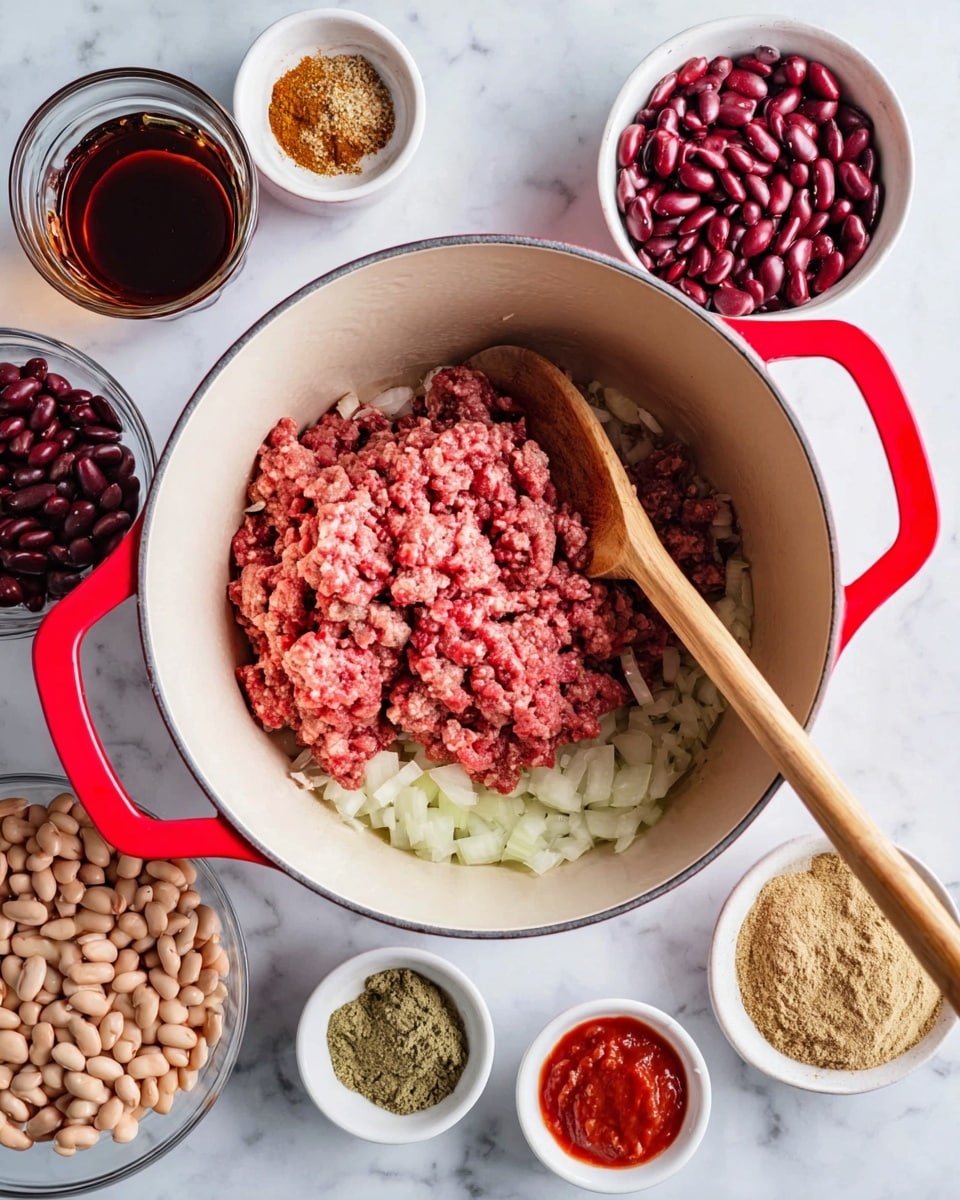 A white pot with red handles sits on a white marbled surface, filled with a layer of chopped white onions at the bottom and topped with a layer of raw ground beef, pink and slightly red with some darker parts. A wooden spoon rests inside the pot, touching the ground beef and onions. Around the pot are small white bowls containing different ingredients: red kidney beans, light brown beans, ground spices in beige, dark brown, and green colors, tomato paste, a glass bowl with dark red sauce, and a glass cup filled with dark brown liquid. photo taken with an iphone --ar 4:5 --v 7