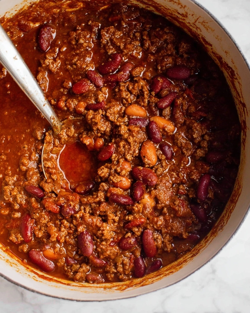 The image shows a close-up of a thick chili inside a white pot. The chili has a rich reddish-brown color with visible chunks of cooked ground meat mixed with red kidney beans and pinto beans, all covered in a shiny, hearty sauce. A silver spoon with a slightly worn handle rests in the chili, partially submerged on the left side. The inside edge of the pot has a slight smear of sauce, showing it has been cooked and stirred. The pot sits on a white marbled surface. photo taken with an iphone --ar 4:5 --v 7