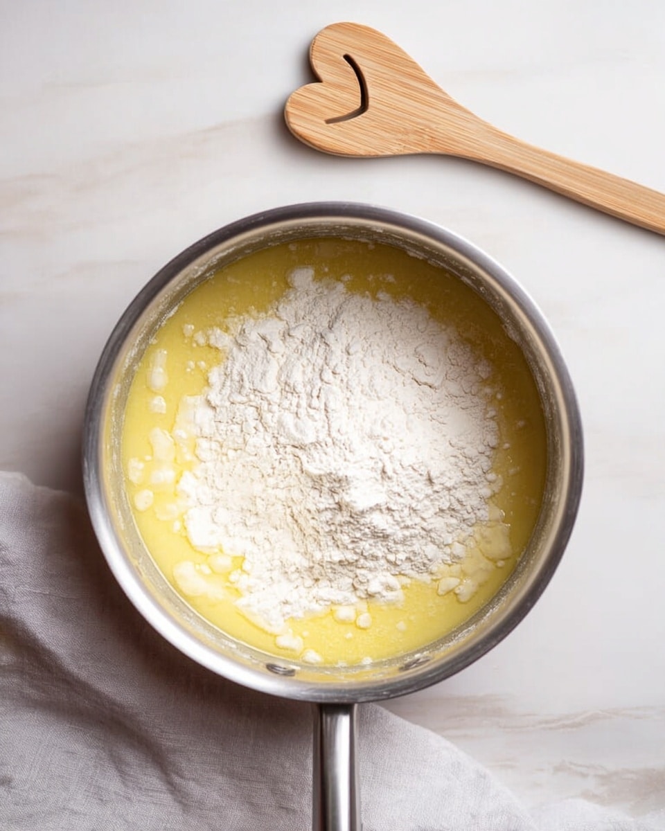 A silver pot holds a mixture with two visible layers: a yellow, melted butter-like liquid base at the bottom and a mound of white flour on top, slightly uneven and powdery. The pot is placed on a white marbled surface, with a light gray cloth towel partially visible at the bottom left. To the top right of the pot, there is a wooden spoon with a heart-shaped cutout in the center resting on the surface. photo taken with an iphone --ar 4:5 --v 7