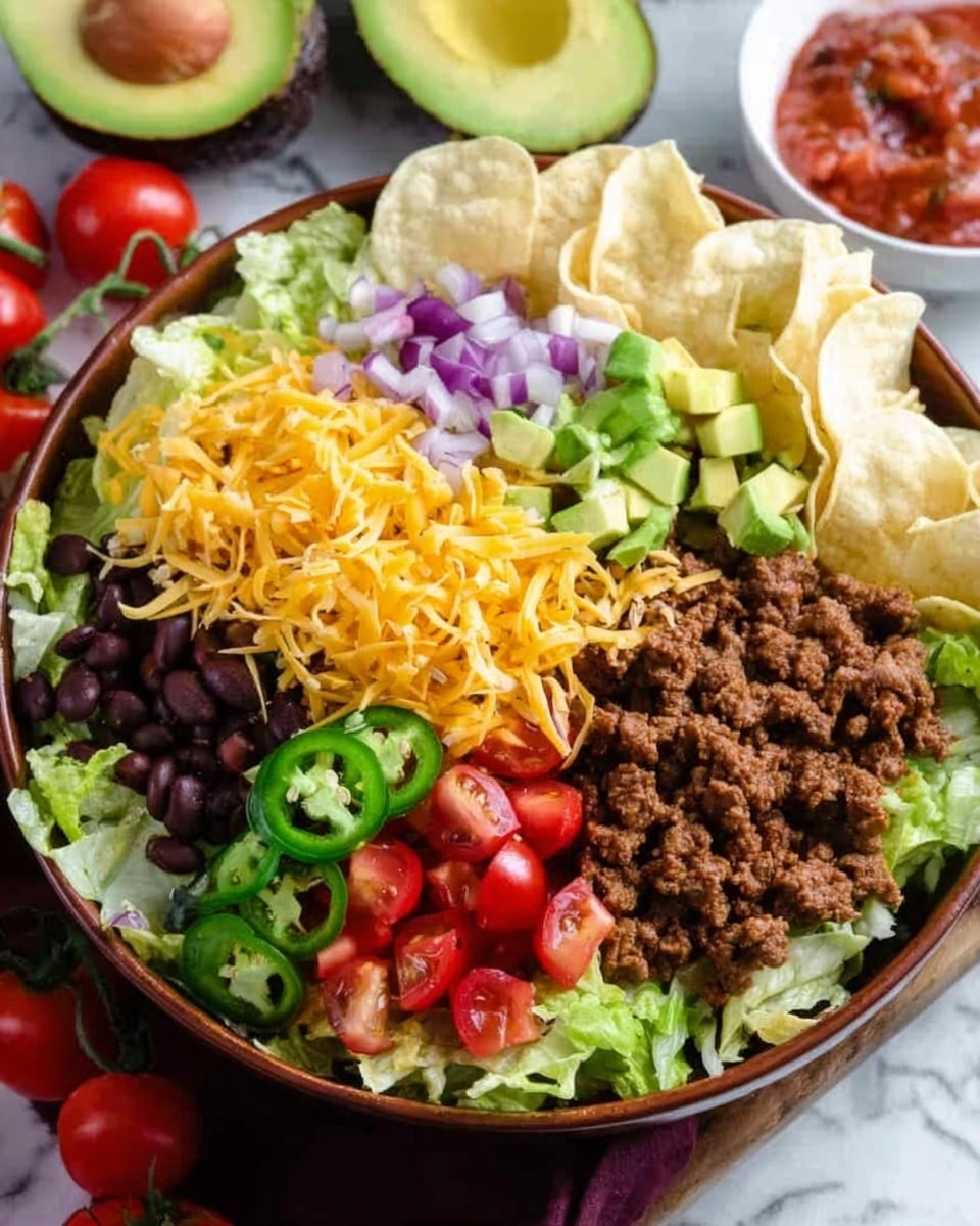 The image shows a brown bowl filled with a colorful taco salad. The bottom layer is green lettuce spread across the bowl. On top, there are round white tortilla chips placed around the edges. In the center, there is a layer of cooked ground beef mixed with black beans. Bright yellow shredded cheese is sprinkled in small piles around the bowl. Halved red cherry tomatoes and sliced green jalapeños sit on top, along with small cubes of green avocado and finely diced purple onions. Behind the bowl, there is a halved avocado, diced red salsa, and whole red cherry tomatoes. All is placed on a white marbled surface. Photo taken with an iphone --ar 4:5 --v 7