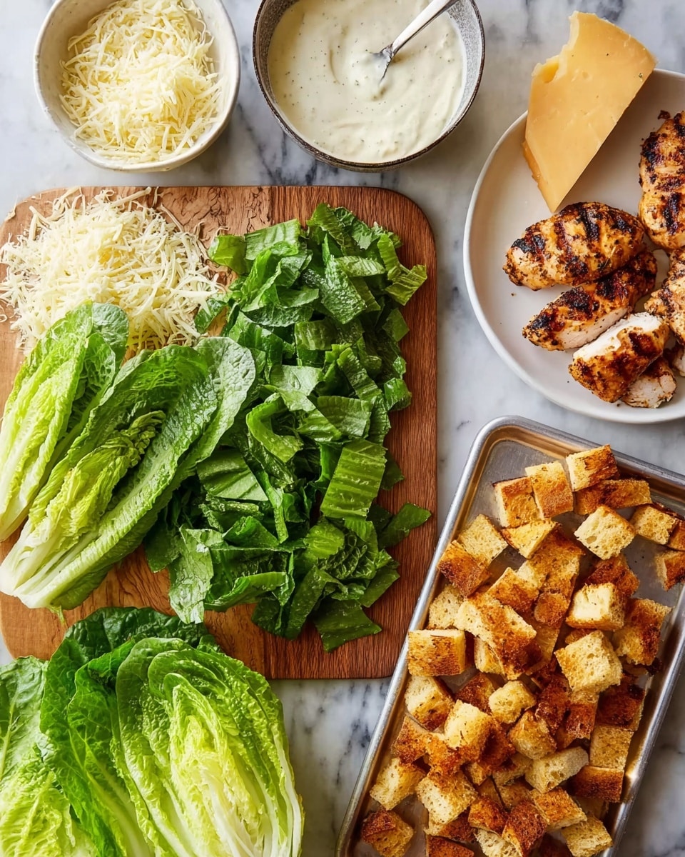 The image shows a wooden board with fresh green chopped lettuce in the middle and whole lettuce halves at the bottom left. On the top left corner, there is a small white bowl filled with shredded cheese next to a triangular piece of yellow cheese. Above the board is a white bowl of creamy dressing with a spoon inside. To the right, there is a white plate holding several grilled chicken pieces with dark grill marks. Below the plate, a metal tray is filled with golden brown toasted bread cubes scattered in an uneven pattern. All items rest on a white marbled surface. photo taken with an iphone --ar 4:5 --v 7