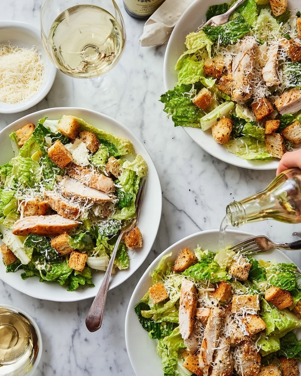 The image shows three white plates filled with Caesar salad on a white marbled surface. Each plate contains a base layer of fresh, green romaine lettuce mixed with crunchy golden-brown croutons scattered evenly on top. Slices of cooked chicken, seasoned and slightly browned, are placed over the lettuce and croutons in a neat arrangement. Finely grated white cheese is sprinkled lightly over the salad layers, adding texture and color contrast. A silver fork rests on the side of two plates, and a woman's hand is pouring a light dressing from a bottle into a glass near the bottom left corner. A small white bowl with extra grated cheese is also visible on the top left side of the image. photo taken with an iphone --ar 4:5 --v 7