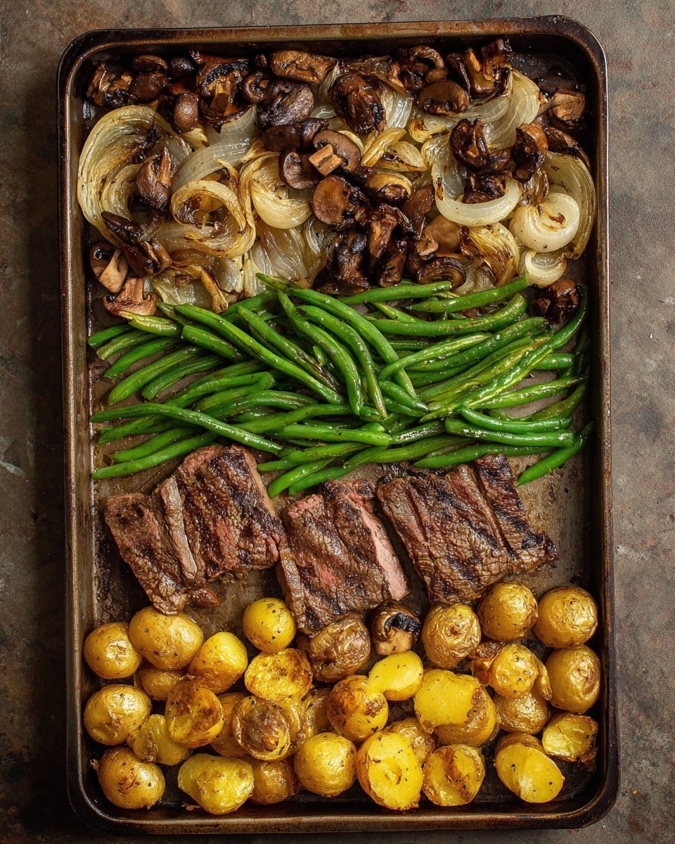 A rectangular baking tray filled with four layers of food arranged vertically: the top layer consists of cooked light brown onions with dark grilled edges mixed with sliced brown mushrooms showing texture and softness; below that, there are three pieces of grilled brown steak with grill marks placed over a layer of bright green cooked green beans aligned mostly horizontally; the bottom layer contains small roasted yellow potatoes with golden brown crispy spots, filling the lower section of the tray. Photo taken with an iphone --ar 4:5 --v 7