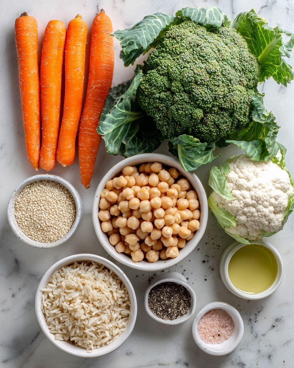 The image shows a group of fresh food ingredients arranged neatly on a white marbled surface. On the left, there are four long, bright orange carrots placed vertically. Near the center top, a large green broccoli head sits next to a white cauliflower with green leaves still around it on the right side. Below the broccoli, a white bowl fully filled with light beige chickpeas is placed, and to the right of it is another white bowl filled with cooked brown rice. Below the chickpeas, there is a smaller white bowl holding sesame seeds. Below the sesame seeds, another small white bowl contains clear oil. To the right of the oil, a small round white bowl holds pink salt and black pepper. The colors are natural and fresh, with the different textures of each ingredient clearly visible. Photo taken with an iphone --ar 4:5 --v 7
