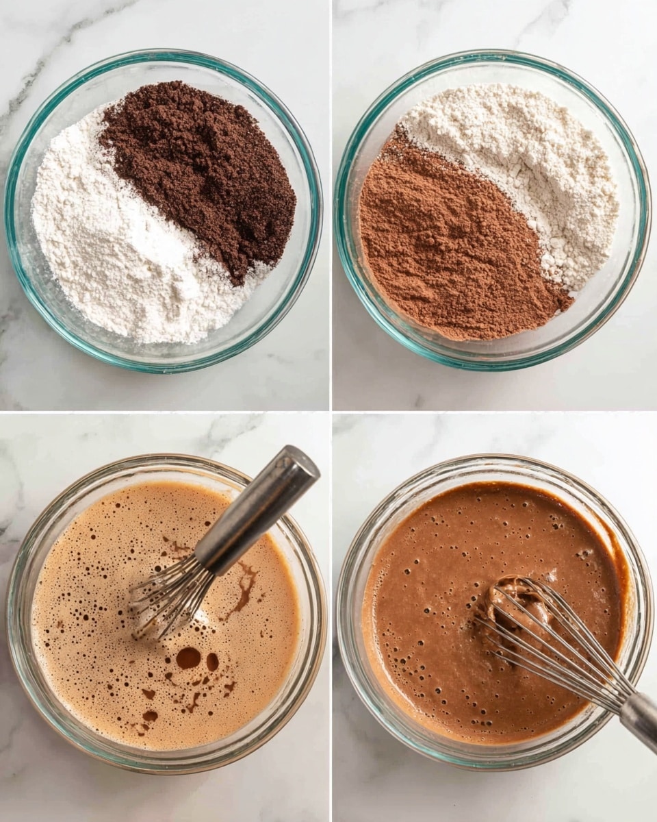 The image shows four clear glass mixing bowls on a white marbled surface, each containing different stages of a chocolate batter mixture. In the first bowl, there are several dry ingredients layered with white flour, white baking soda, and dark brown cocoa powder, arranged loosely on the top. The second bowl shows the dry ingredients mixed evenly into a light brown powder with a whisk resting inside. The third bowl has a light tan liquid mixture with bubbles on the surface and the whisk partially immersed. The fourth bowl reveals a smooth, thick medium brown batter with small bubbles, and the whisk is resting inside the batter in the same clear bowl. Photo taken with an iphone --ar 4:5 --v 7