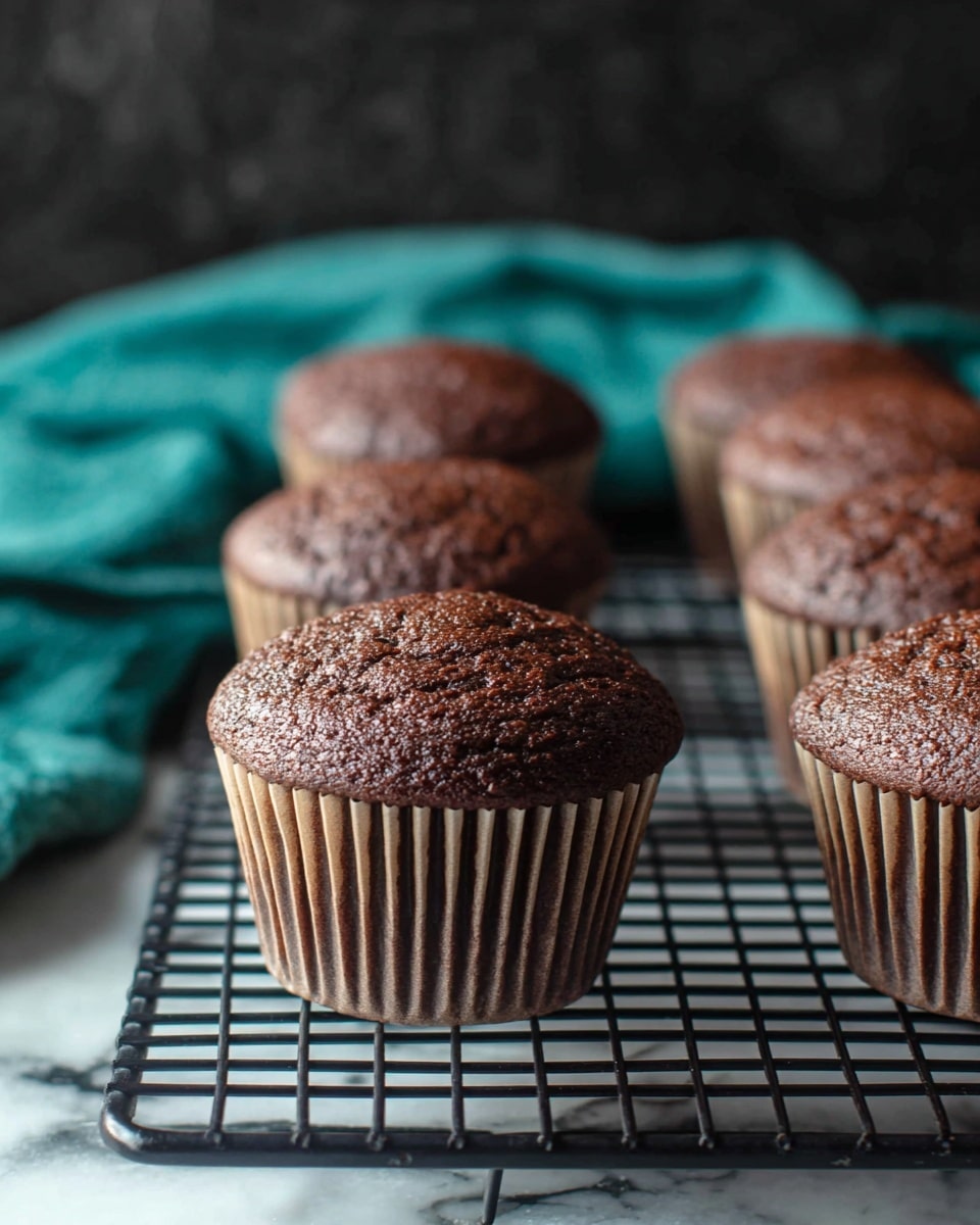 The image shows a close-up of seven chocolate muffins cooling on a black wire rack. Each muffin has a deep brown, slightly textured top with a rounded dome, and they are all wrapped in light brown paper liners with vertical ridges. The muffins' color contrasts softly with the white marbled texture of the surface beneath the rack. In the background, there is a hint of a teal-colored cloth or towel that adds a touch of color to the scene, while the backdrop is dark and softly blurred, making the muffins stand out clearly. photo taken with an iphone --ar 4:5 --v 7
