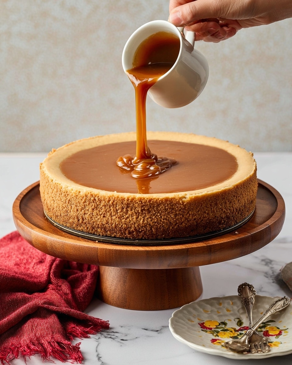 A thick cheesecake with a golden-brown crumb crust that rises about an inch above the smooth, pale tan cheesecake layer, sitting on a white marbled surface. A woman's hand is pouring shiny, thick caramel sauce from a small white cup onto the center of the cheesecake, with the caramel forming a glossy mound spreading out over the top. The cake sits on a wooden pedestal stand, and nearby are vintage silver forks and a white dish with a small yellow pattern, along with a red cloth casually placed on the white marbled surface. photo taken with an iphone --ar 4:5 --v 7