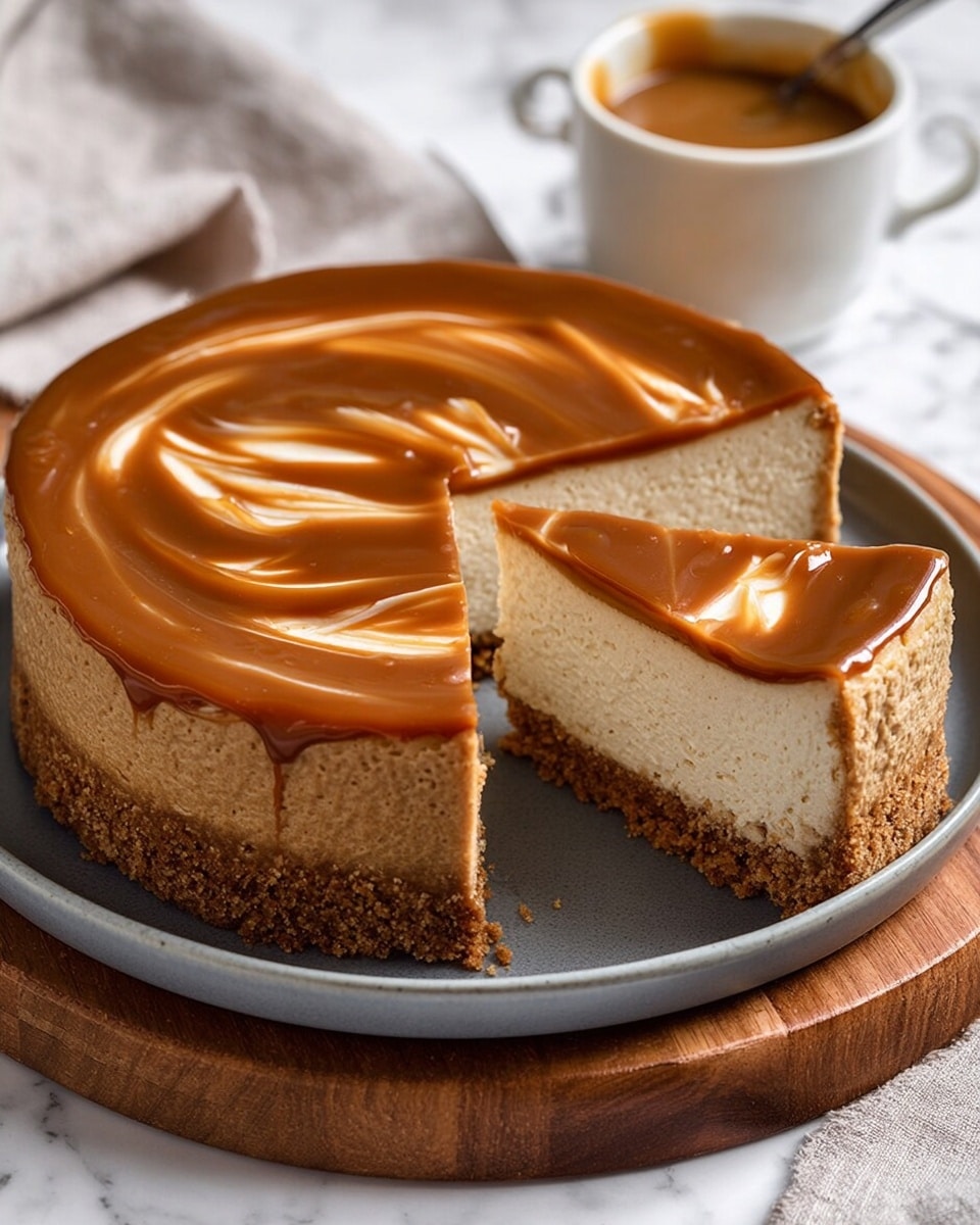 The image shows a round cheesecake with three layers, placed on a gray plate on a wooden board. The bottom layer is a thick, crumbly light brown crust covering the sides and base. The middle layer is a pale beige, smooth cheesecake filling, thick and dense. The top layer is a glossy, thick caramel-colored sauce with soft swirls, spread evenly on top. One slice is slightly pulled out, showing the clean, sharp edges of all layers. In the background, there is a white cup with caramel sauce, all set on a white marbled surface. Photo taken with an iphone --ar 4:5 --v 7