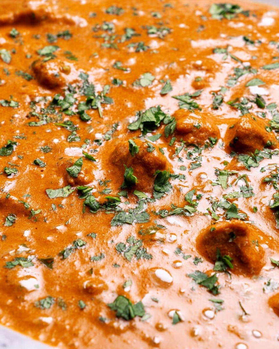 The image shows a close-up of a thick orange sauce with small chunks of meat covered in it. The sauce has a smooth, creamy texture with some shiny spots from the light reflecting. On top, there is a generous sprinkle of finely chopped green herbs scattered all over the surface, adding a fresh contrast to the rich orange sauce. The background is a white marbled texture. photo taken with an iphone --ar 4:5 --v 7