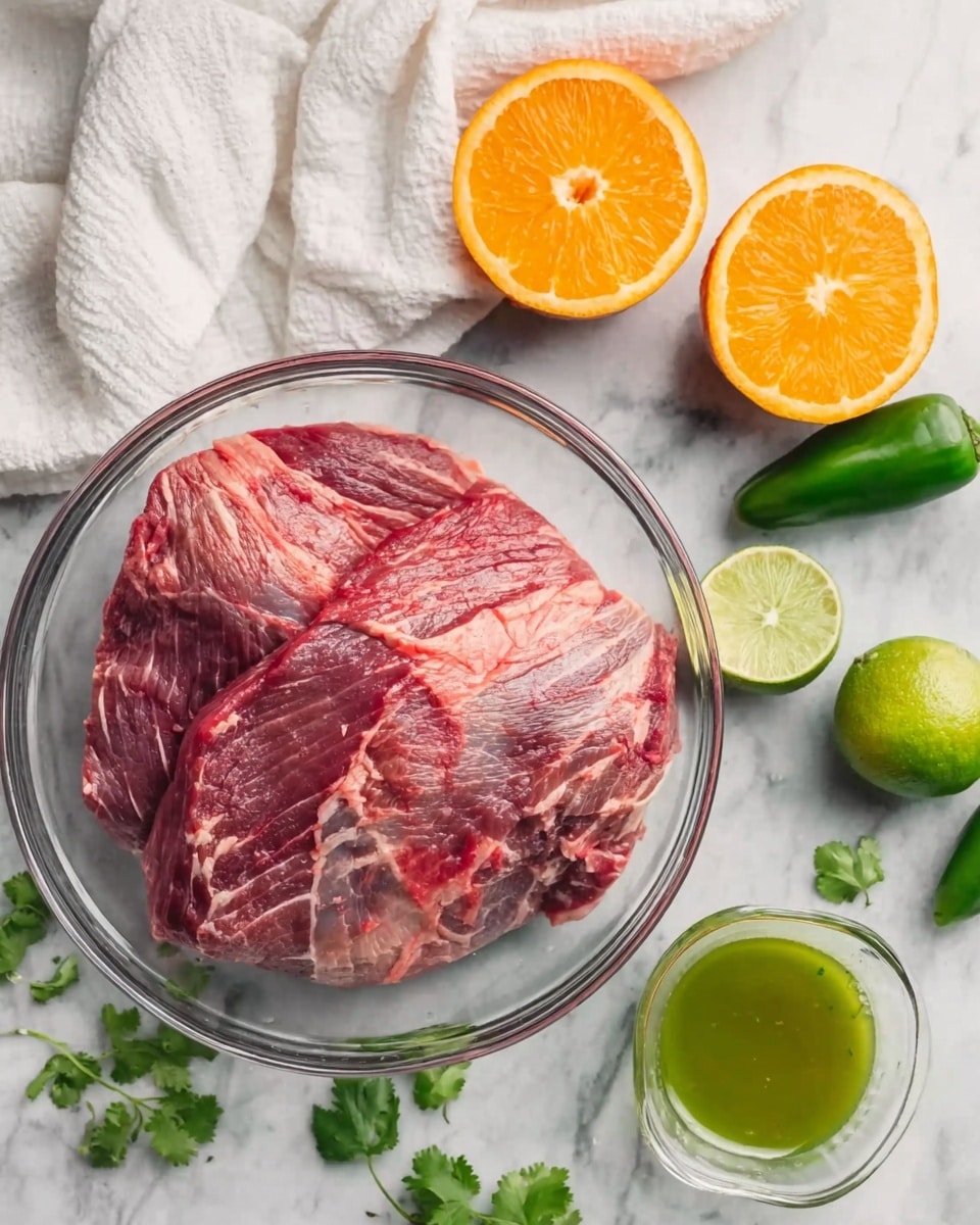 A clear glass bowl holds one large piece of raw red meat with white fat streaks. The bowl is on a white marbled surface. Around the bowl, there are two halves of an orange with bright orange color and some whole limes that are green. Two green jalapeño peppers and a few green cilantro leaves are also scattered on the surface. A small clear glass cup filled with a green liquid is placed to the right of the bowl. A white cloth with folds is seen in the top left corner. photo taken with an iphone --ar 4:5 --v 7