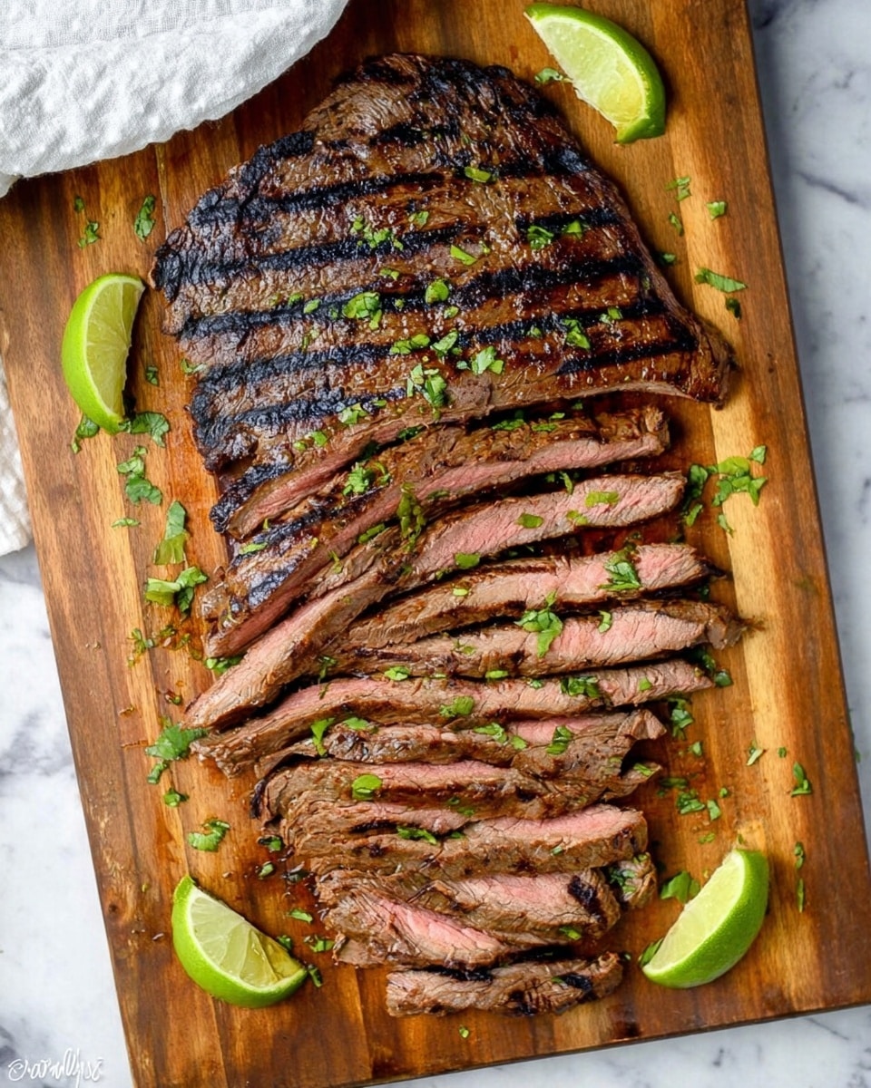 The image shows a large piece of grilled steak sliced into thin pieces and laid out flat on a wooden cutting board. The top part of the steak is whole with dark grill marks and a slightly charred look, while the rest is sliced evenly, showing a pink center inside each slice. The steak is garnished with small bits of fresh green herbs scattered on and around it. On the board, there are two lime wedges placed near the top left corner and two more near the bottom right corner. The background is a white marbled texture with a white cloth partially visible in the top left corner. Photo taken with an iphone --ar 4:5 --v 7