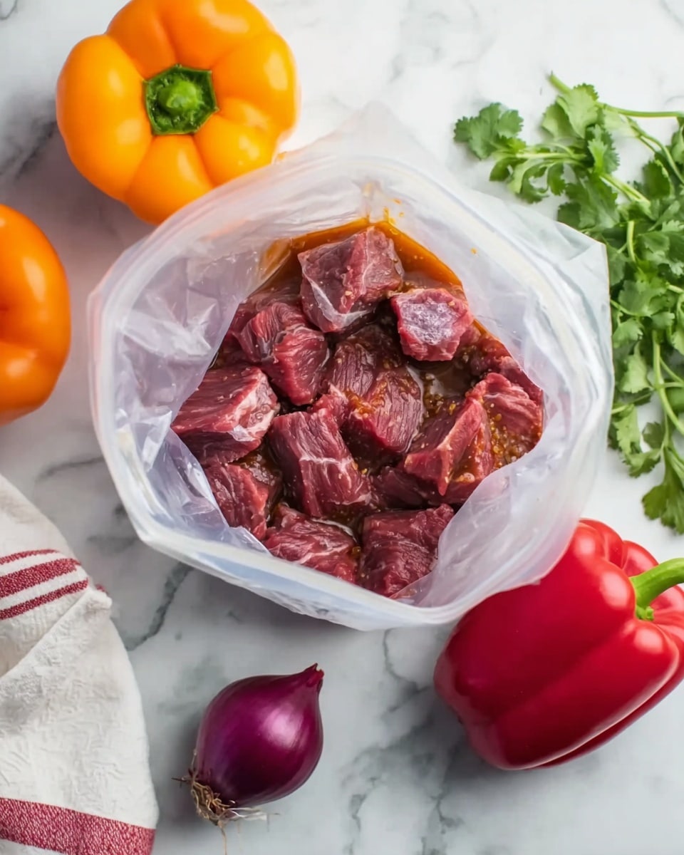 The image shows a clear plastic bag open from the top filled with raw pieces of red meat coated with a brown sauce, sitting on a white marbled surface. Around the bag, there are three colorful vegetables: an orange bell pepper in the top left, a red bell pepper in the bottom right, and a purple onion with roots in the bottom left. Some green leafy herbs are placed on the top right corner. A white cloth with red stripes is visible near the bottom left corner. photo taken with an iphone --ar 4:5 --v 7