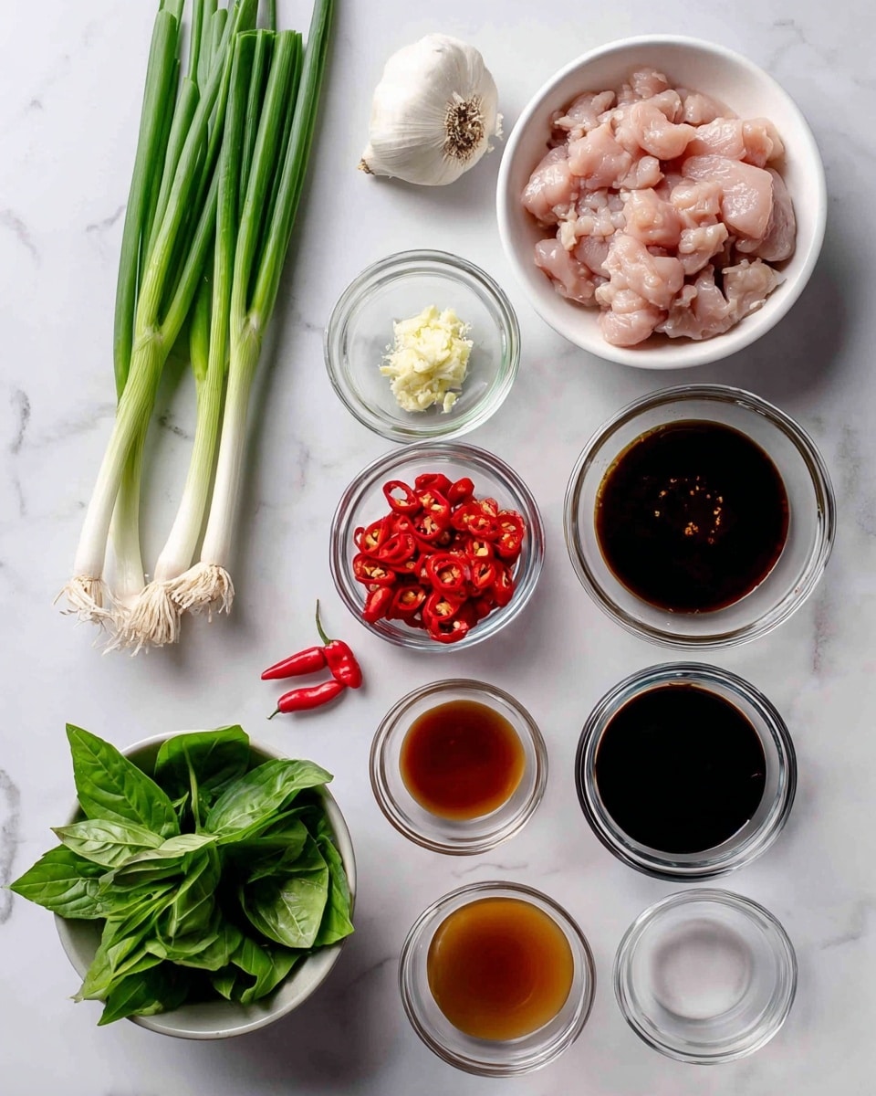 The image shows several ingredients arranged neatly on a white marbled surface. At the top left, there are long green onions with white roots showing. Below the green onions, a small clear bowl contains minced garlic, next to a couple of garlic cloves. To the right of the garlic is a small white bowl with red chopped chili peppers, positioned near two whole red chili peppers. On the right side, there is a clear round bowl full of small raw pink chicken pieces. Below the chili and chicken, a white bowl holds fresh green Thai basil leaves. Below the basil, three small clear bowls hold different sauces and liquids: the left bowl has a light brown soy sauce, the middle one a darker thick oyster sauce, and the right one has a very dark soy sauce. Other ingredients like white sugar are also shown but not in bowls. Each ingredient is labeled with dark blue rectangular tags with white text. The photo was taken with an iphone --ar 4:5 --v 7