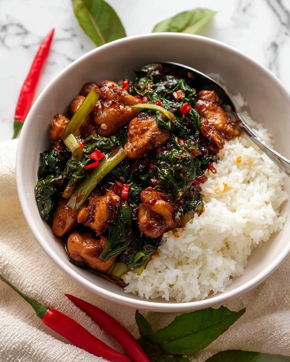 A white bowl filled with two layers: the bottom layer is white steamed rice with a soft and fluffy texture, and the top layer is a mix of dark brown glazed chicken pieces coated in a shiny sauce, mixed with green leafy vegetables and light green stalks, accented with small red chili flakes. A silver spoon rests inside the bowl, partially covered by the chicken and vegetables. The bowl is set on a white marbled surface with a light cream cloth underneath, and two bright red chili peppers along with a green leafy herb lie nearby. photo taken with an iphone --ar 4:5 --v 7