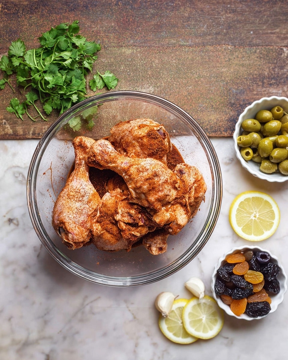 A clear glass bowl sits at the center filled with several large raw chicken legs covered in a reddish-brown spice rub, showing a rough and grainy texture. To the right of the bowl on a white marbled surface are small white dishes, one with green olives and the other with mixed dried fruits including apricots and raisins. Fresh cilantro sprigs with bright green leaves and a few cloves of peeled garlic are near slices of lemon arranged in a small scattered pile, showing translucent yellow and white layers. The overall scene is top-down with natural light highlighting the varied textures and colors of the ingredients photo taken with an iphone --ar 4:5 --v 7