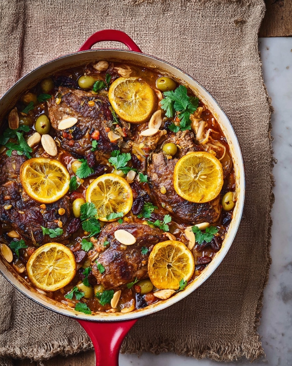 The dish is shown in a white pan with a red handle, placed on a beige textured cloth over a white marbled surface. The pan contains four browned cooked pieces of meat evenly placed on a rich, chunky sauce base with visible cooked onions and diced vegetables. Thin, bright yellow-orange lemon slices sit on top of the meat and in the sauce. There are scattered green olives, small pieces of dried dark fruit, and off-white nuts mixed throughout. Fresh green cilantro leaves are spread on the surface, adding a pop of vibrant color. The whole dish looks flavorful and well-cooked, with a mix of textures from the nuts, olives, and herbs. photo taken with an iphone --ar 4:5 --v 7