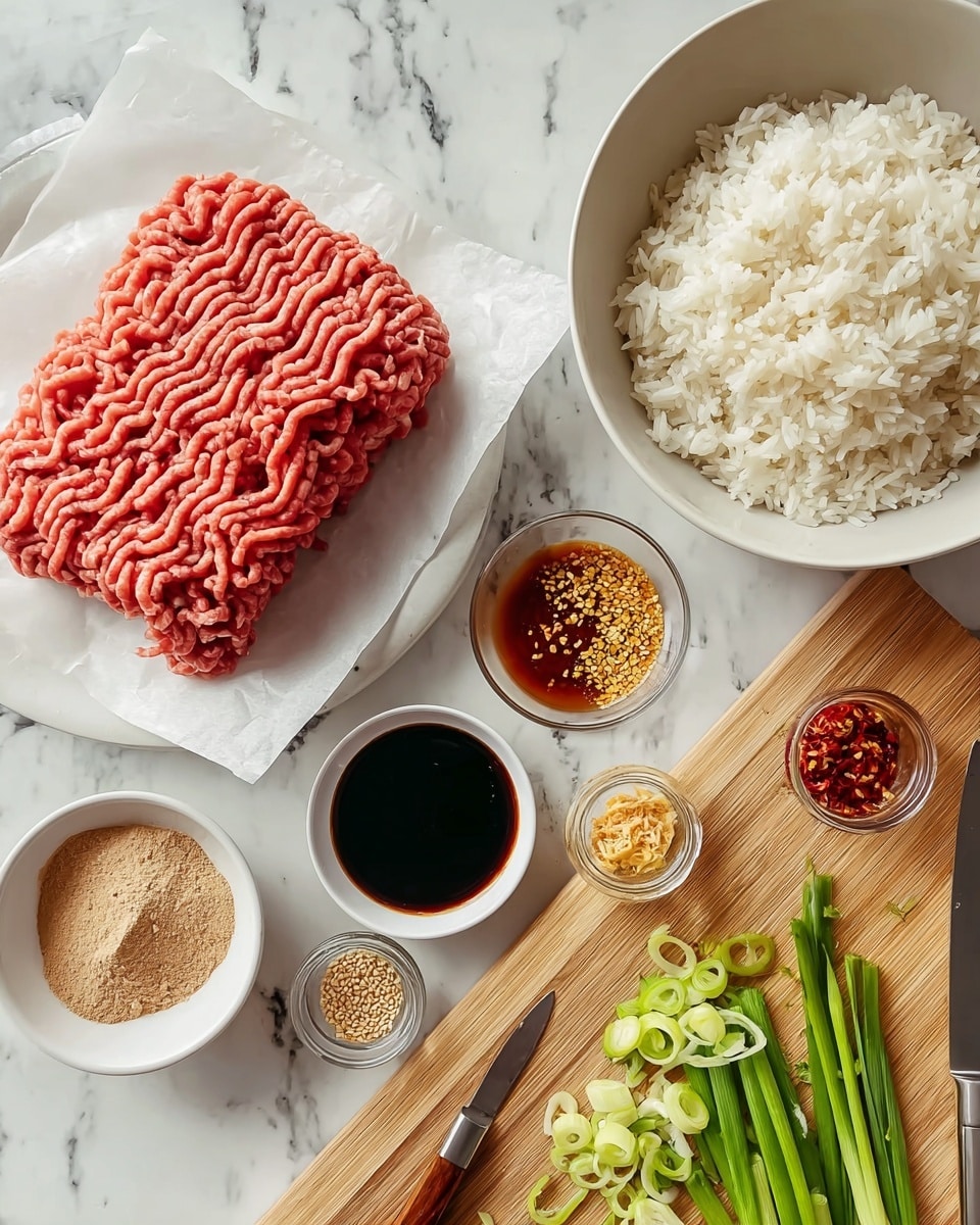 The image shows a white plate on the left with a block of raw ground meat that is light red with a wavy texture, resting on white paper. To the right, there is a bowl with white cooked rice, appearing fluffy and soft. Below the bowl, there are small white bowls and glass containers with different ingredients: golden sesame seeds, red chili flakes, a bowl with dark soy sauce, and another with a reddish-brown liquid. At the bottom left, a white bowl holds a light brown powder, and next to it on a light wooden cutting board lies a pile of sliced green onions with a sharp knife placed among them. The surface under everything is a white marbled texture. photo taken with an iphone --ar 4:5 --v 7