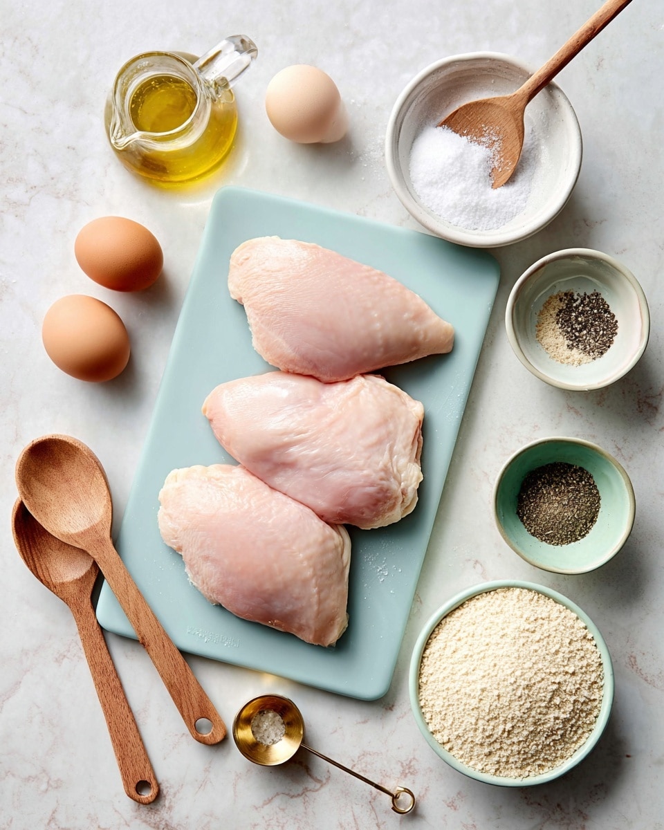 The image shows three raw chicken pieces placed on a light blue cutting board in the center, each piece smooth and pinkish with a slight sheen. Around the board are various ingredients: two brown eggs near the top left, next to a glass pitcher filled with clear oil. Above the chicken pieces is a white bowl filled with coarse salt and a wooden spoon inside it. To the right of the salt bowl is a light green bowl containing ground black pepper. Below the cutting board's right side is a white bowl filled with pale breadcrumbs. On the left side of the board are two wooden measuring spoons resting on the white marbled surface along with a brass measuring cup. The setup is neat and bright, placed on a white marbled countertop. Photo taken with an iphone --ar 4:5 --v 7