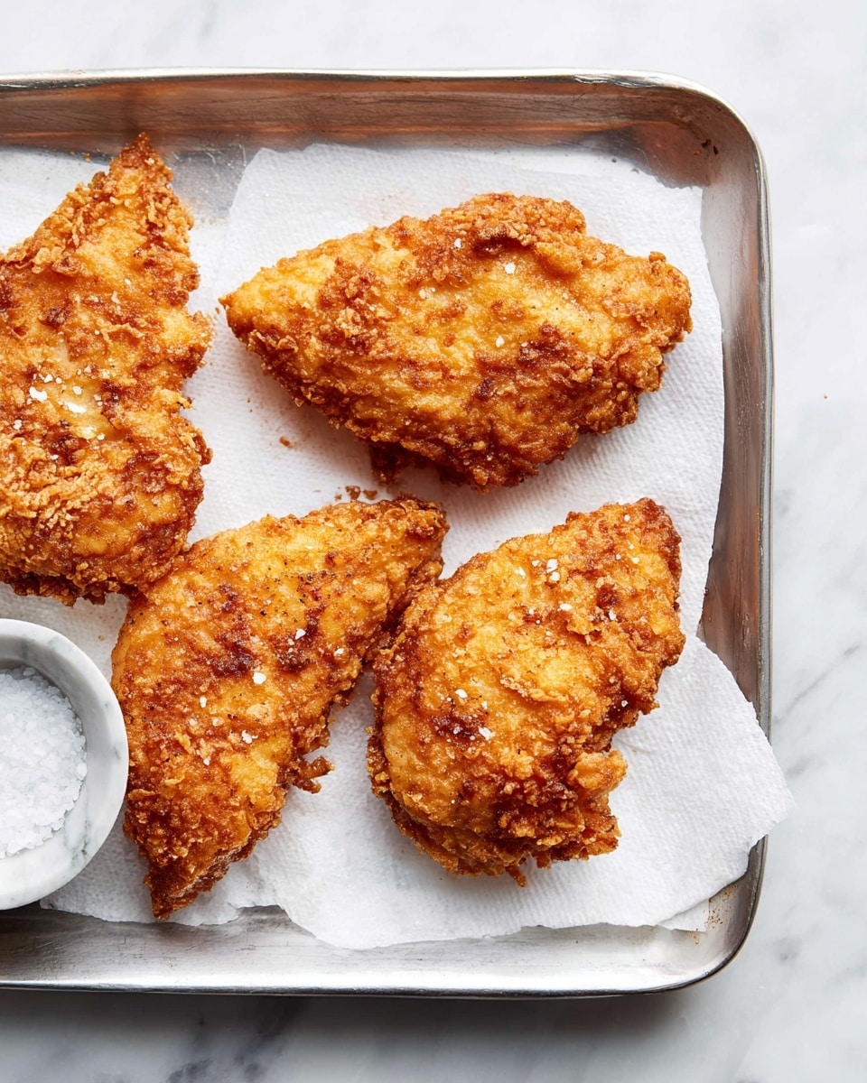 The image shows four pieces of golden brown, crispy fried chicken placed on a white paper towel that lines a metal tray. The chicken pieces have a crunchy, textured coating with small, uneven brown spots showing a well-fried crust. Near the bottom left of the tray, there is a small white marble bowl filled with coarse white salt. The whole tray is set on a white marbled surface, creating a clean and bright background. photo taken with an iphone --ar 4:5 --v 7
