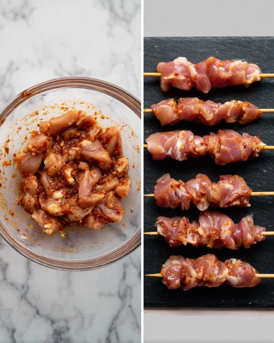 The image on the left shows a clear glass bowl filled with small pieces of raw chicken marinated in a reddish sauce with visible texture, placed on a white marbled surface. The image on the right displays four wooden skewers arranged horizontally on a black slate board, each skewer threaded with multiple pieces of the same marinated raw chicken, showing pink and reddish tones and a slightly moist texture. Both parts of the image have a clean, crisp look with natural lighting. Photo taken with an iphone --ar 4:5 --v 7
