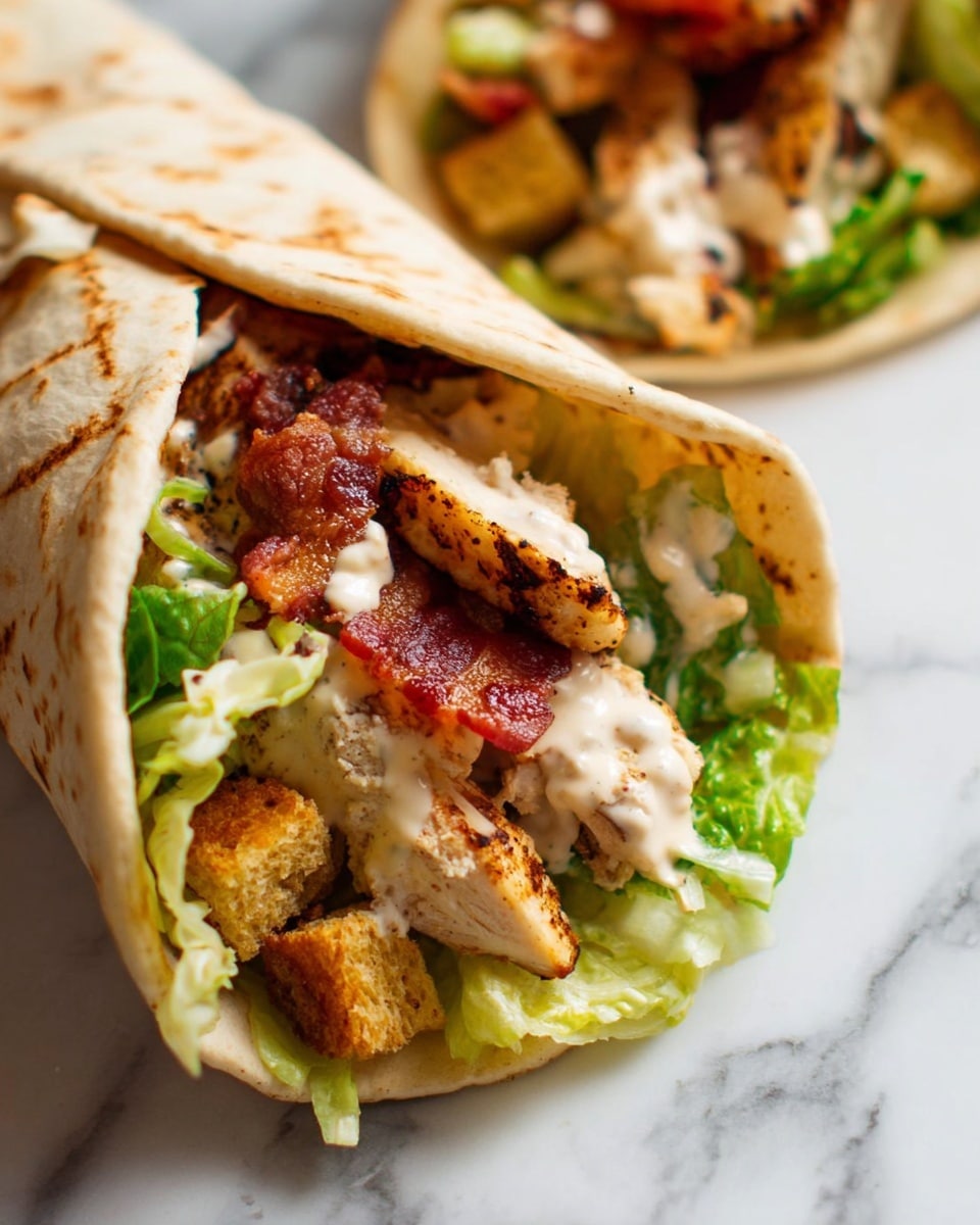 The image shows a close-up of a pita wrap with several visible layers. The bottom layer is fresh green lettuce with a mix of light and darker green leaves, providing a crisp texture. On top of the lettuce, there are golden brown croutons scattered, adding crunchiness. Above the croutons, there are pieces of grilled chicken with a slightly charred, brown surface, covered in a light beige creamy sauce. Resting on the chicken is a strip of reddish-brown crispy bacon. The wrap itself is a soft, lightly grilled pita bread that is light beige with darker toasted spots, folded around the ingredients but open at the top to show the filling. The background surface is a white marbled texture. photo taken with an iphone --ar 4:5 --v 7