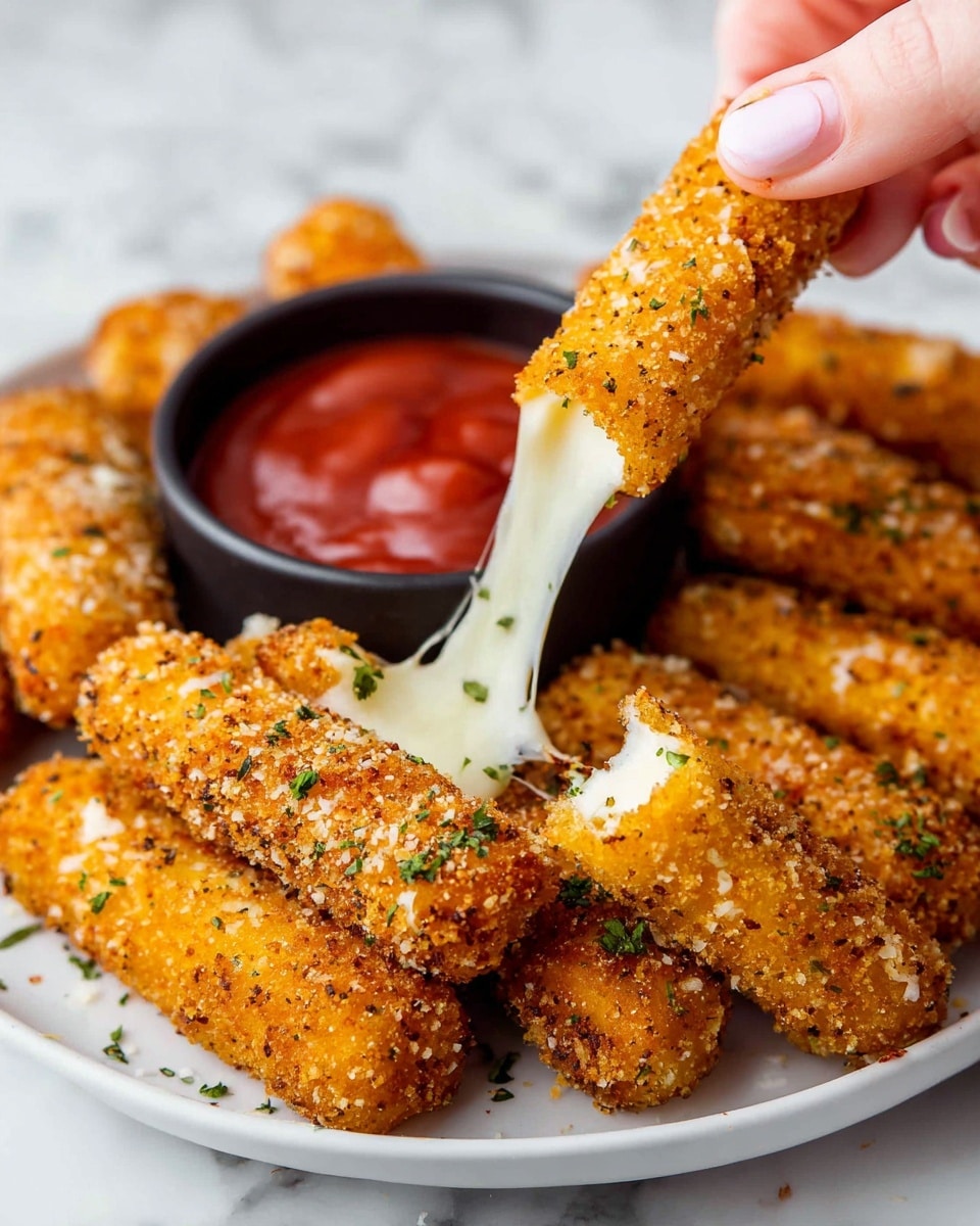 A white plate filled with golden-brown fried sticks, each covered in a crunchy coating with visible small herbs and crumbs. In the foreground, a woman's hand pulls apart one stick, revealing melted white cheese stretching between the two halves. Behind the sticks on the plate, there is a small round black bowl filled with red dipping sauce. The background is a white marbled texture. photo taken with an iphone --ar 4:5 --v 7