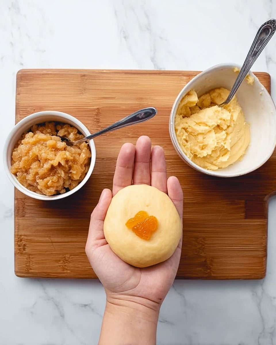A woman's hand is shown holding a flattened round dough piece that is pale yellow and smooth in texture, with a single piece of orange dried fruit placed in the middle. To the left side, there is a small white bowl filled with a chunky, light brown filling and a silver spoon inside it. To the right side, there is a white bowl containing more pale yellow dough with a silver spoon resting in it. All items are set on a wooden cutting board placed on a white marbled surface. Photo taken with an iphone --ar 4:5 --v 7