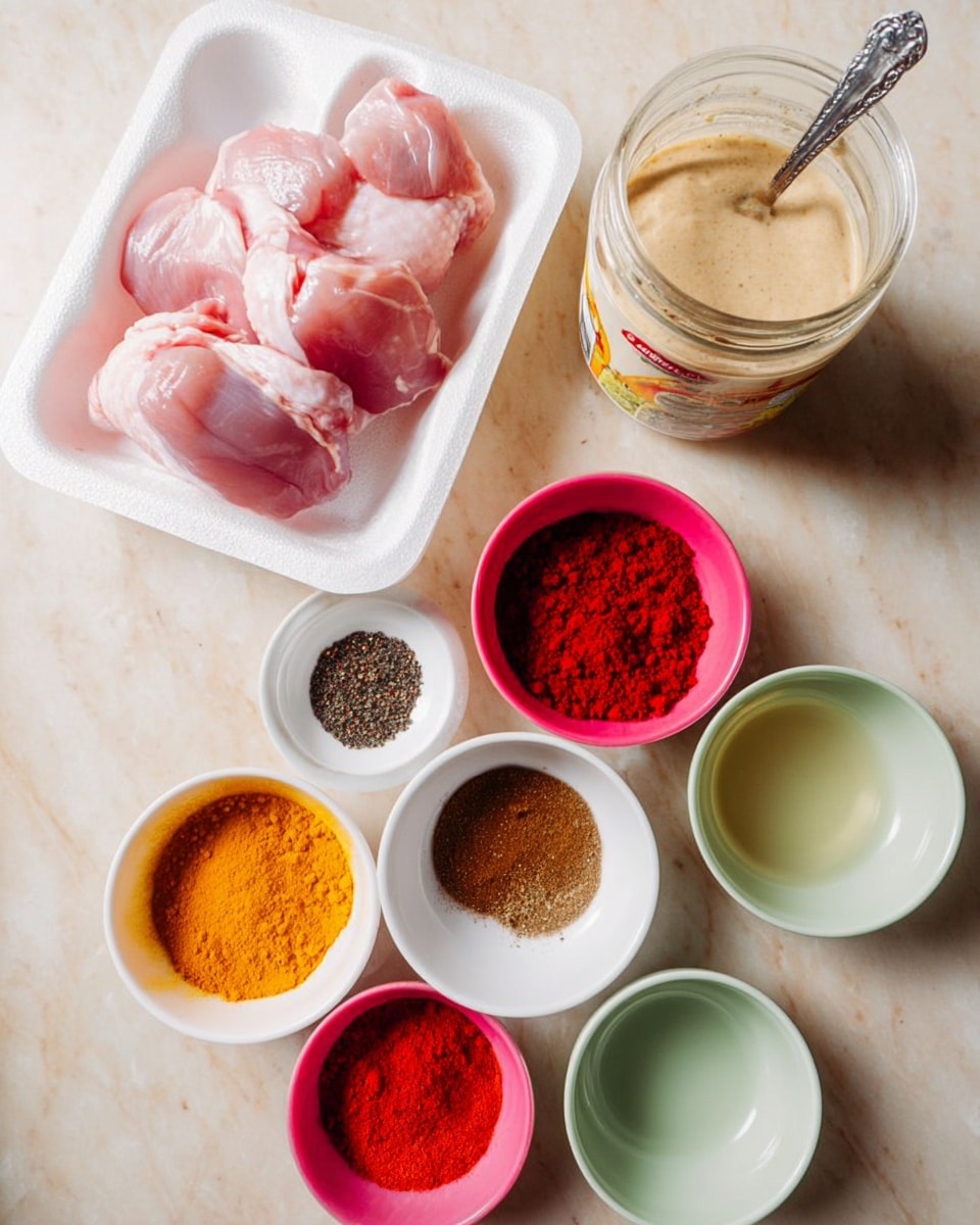 The image shows a white foam tray with raw pink chicken skin and meat placed at the bottom left. Above it, there is a glass jar with a spoon inside, holding a pale, creamy paste. Around these, there are eight small bowls arranged in a scattered way on a white marbled surface: a white bowl with bright red powder, two white bowls with dark brown spices, a white bowl with a pale liquid, a green bowl with yellow-orange powder, a white bowl with coarse black spice, a pink bowl filled with vibrant red powder, and a white bowl with clear liquid. The colors and textures of the spices create a visually rich and organized display photo taken with an iphone --ar 4:5 --v 7