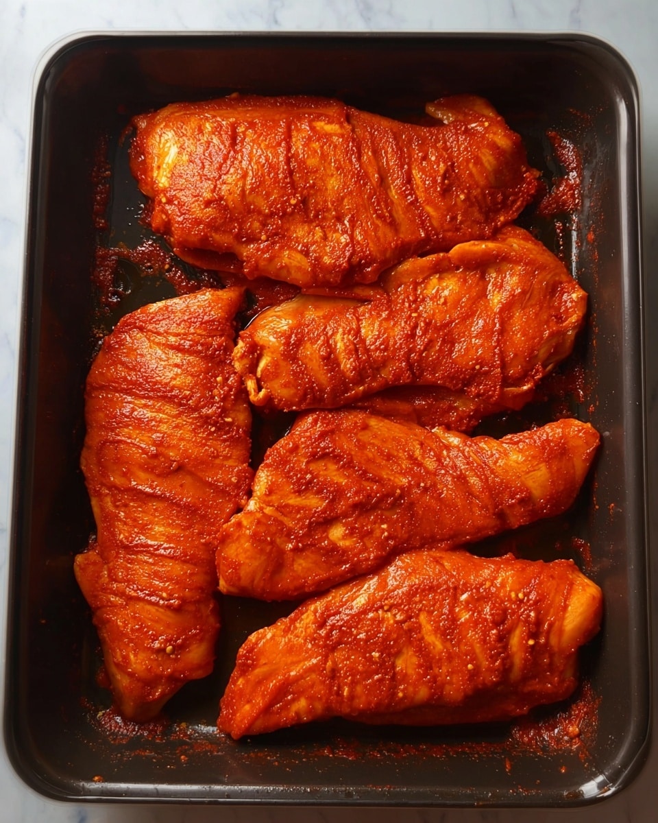 The image shows four large pieces of chicken coated thickly and evenly with bright red-orange marinade, placed inside a dark rectangular baking pan. Each piece has visible ridges and a slightly glossy texture from the sauce. The chicken pieces are arranged close to each other but not overlapping, filling the pan without much space left. The background is a white marbled texture. photo taken with an iphone --ar 4:5 --v 7