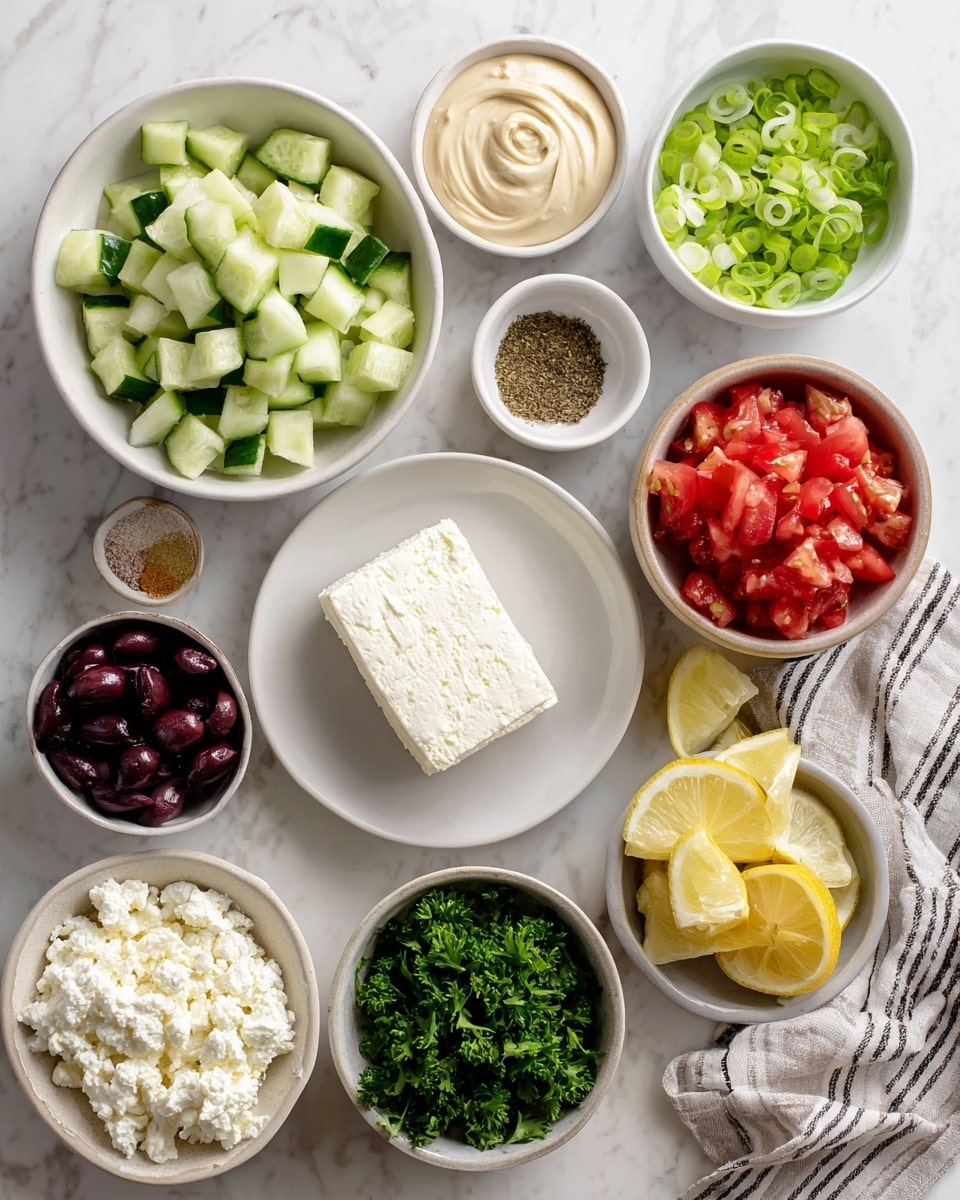 The image shows nine white bowls and plates arranged on a white marbled surface, each containing different fresh ingredients. In the top center is a bowl filled with small, pale green cucumber cubes. To its right is a small bowl of finely sliced bright green onion rings, and next to that, a bowl with smooth, light beige hummus swirled on top. Below the hummus is a bowl of chopped, bright red tomatoes. In the center is a small white plate holding a block of soft white cream cheese with a crumbly texture. To the left of the cream cheese is a small bowl of dark purple chopped kalamata olives. Below the olives is a bowl filled with chopped fresh green parsley leaves. Near the parsley is a bowl of crumbly white feta cheese. Between the parsley and cream cheese plates is a small white dish holding a mix of white and brown powdered seasonings labeled garlic powder, onion powder, salt, and pepper. Finally, near the bottom right is a small bowl with pale yellow lemon juice, accompanied by two lemon halves. A striped fabric napkin is partially visible on the right edge. Photo taken with an iphone --ar 4:5 --v 7
