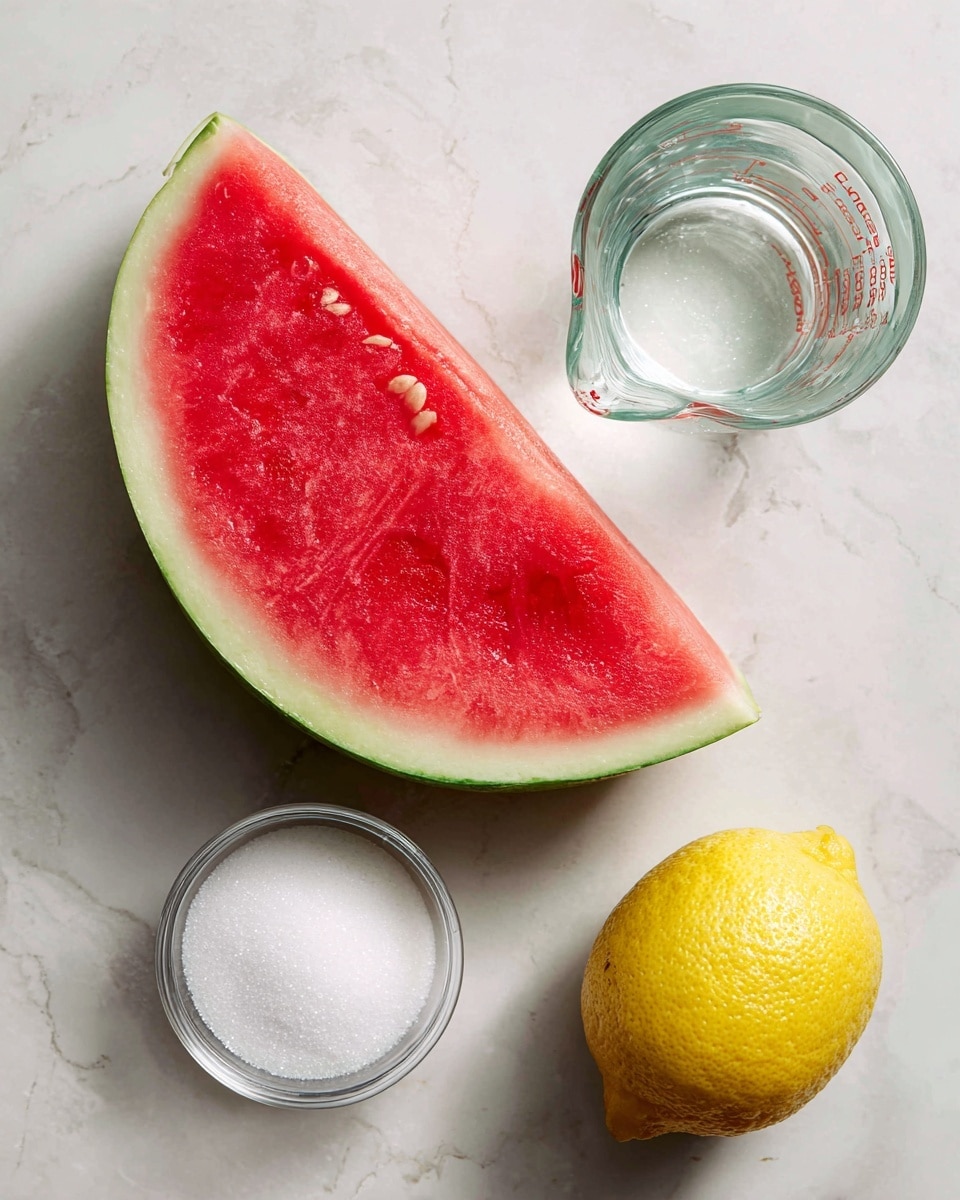 A large, thick wedge of seedless watermelon with bright red flesh and a pale green rind sits on a white marbled surface, showing a few tiny seeds and a textured, juicy interior. To the right of the watermelon is a whole yellow lemon with a slightly dimpled skin. Below the watermelon, a small clear glass bowl filled with white granulated sugar rests beside a clear glass measuring cup with water inside, both placed on the same white marbled texture background. The image has simple and fresh ingredients spaced neatly apart, ready for use in a recipe, photo taken with an iphone --ar 4:5 --v 7