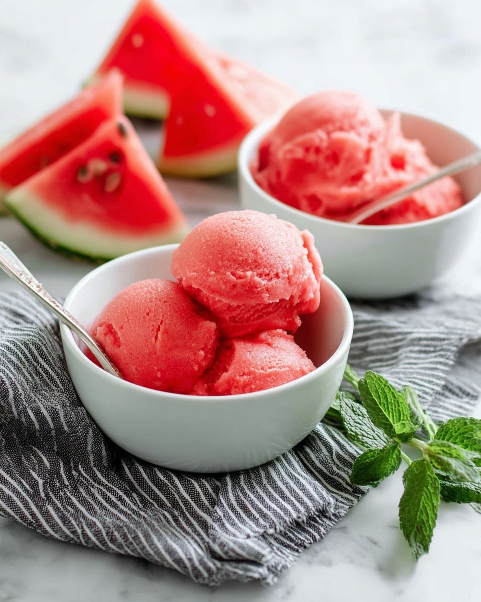 Two white bowls each hold three bright pink scoops of watermelon ice cream with a soft, smooth texture, one bowl closer with a silver spoon inside. Behind the bowls are several triangles of watermelon slices showing green rind and red flesh with seeds, placed on a white marbled surface. A green leafy mint sprig rests beside the front bowl on a gray and white striped cloth under both bowls. The image has a fresh and cool summer feel. photo taken with an iphone --ar 4:5 --v 7