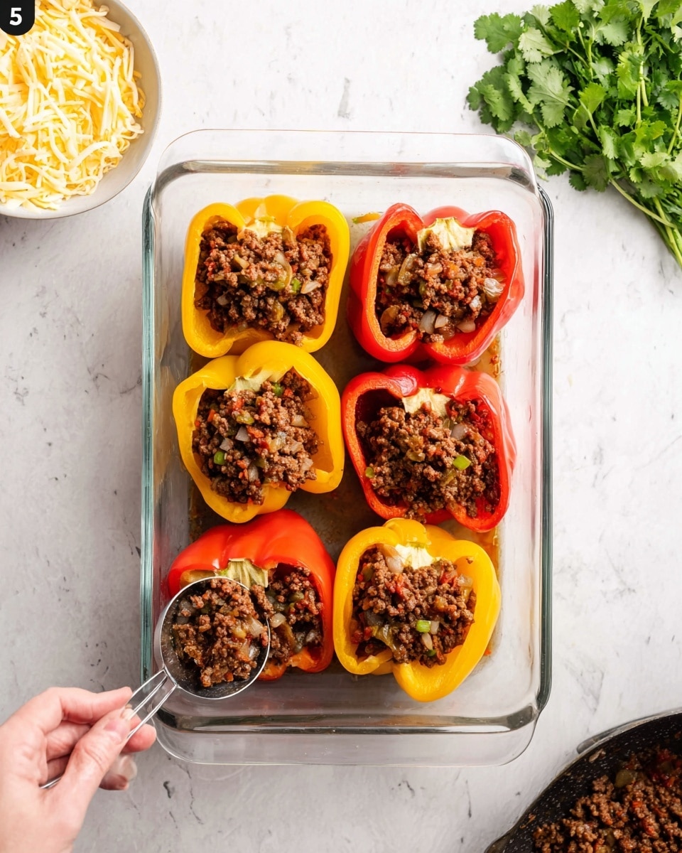 A clear glass baking dish holds six colorful bell pepper halves arranged in two rows; three are deep red and three are bright yellow. Each pepper half is hollowed and filled with a dark brown cooked ground meat mixture with visible small pieces of onions and spices. A woman's hand is using a small metal scoop to add more meat filling into one yellow pepper half at the front left. Near the top left corner, a small white bowl filled with shredded pale yellow cheese and a bunch of fresh green cilantro lay on the white marbled surface. At the bottom right edge, a dark frying pan with leftover browned ground meat sits partially in the frame. Photo taken with an iphone --ar 4:5 --v 7