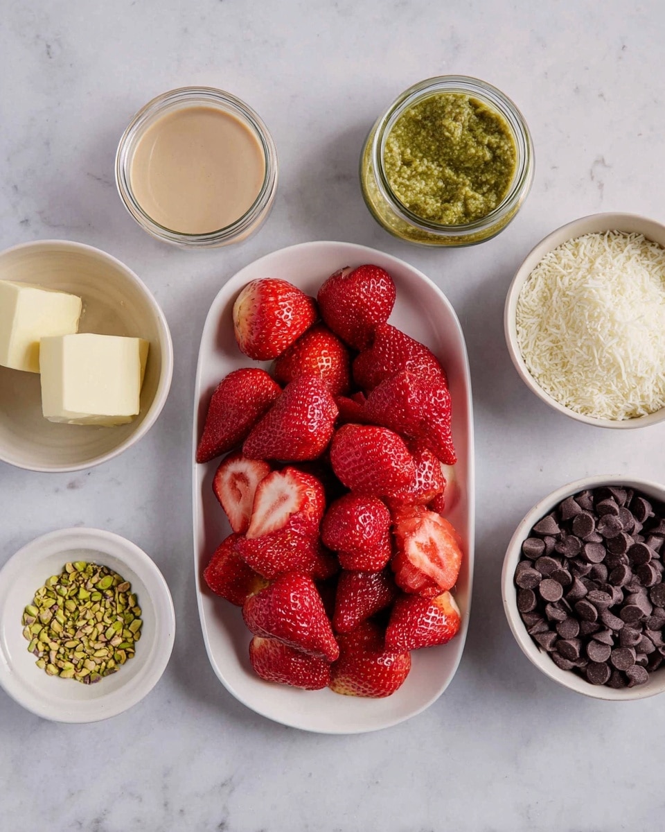 A white oval plate filled with bright red strawberries cut in half is at the center, surrounded by six small round white bowls and jars arranged around it on a white marbled surface; starting from the top left, there is a bowl with light beige creamy sauce, below it a bowl with two square pieces of pale yellow butter, next a bowl with crushed green pistachios, a small bowl with a small amount of white salt, a bowl filled with fine white vermicelli pasta, a jar with a light green pesto-like sauce, and lastly a bowl filled with dark brown chocolate chips. photo taken with an iphone --ar 4:5 --v 7