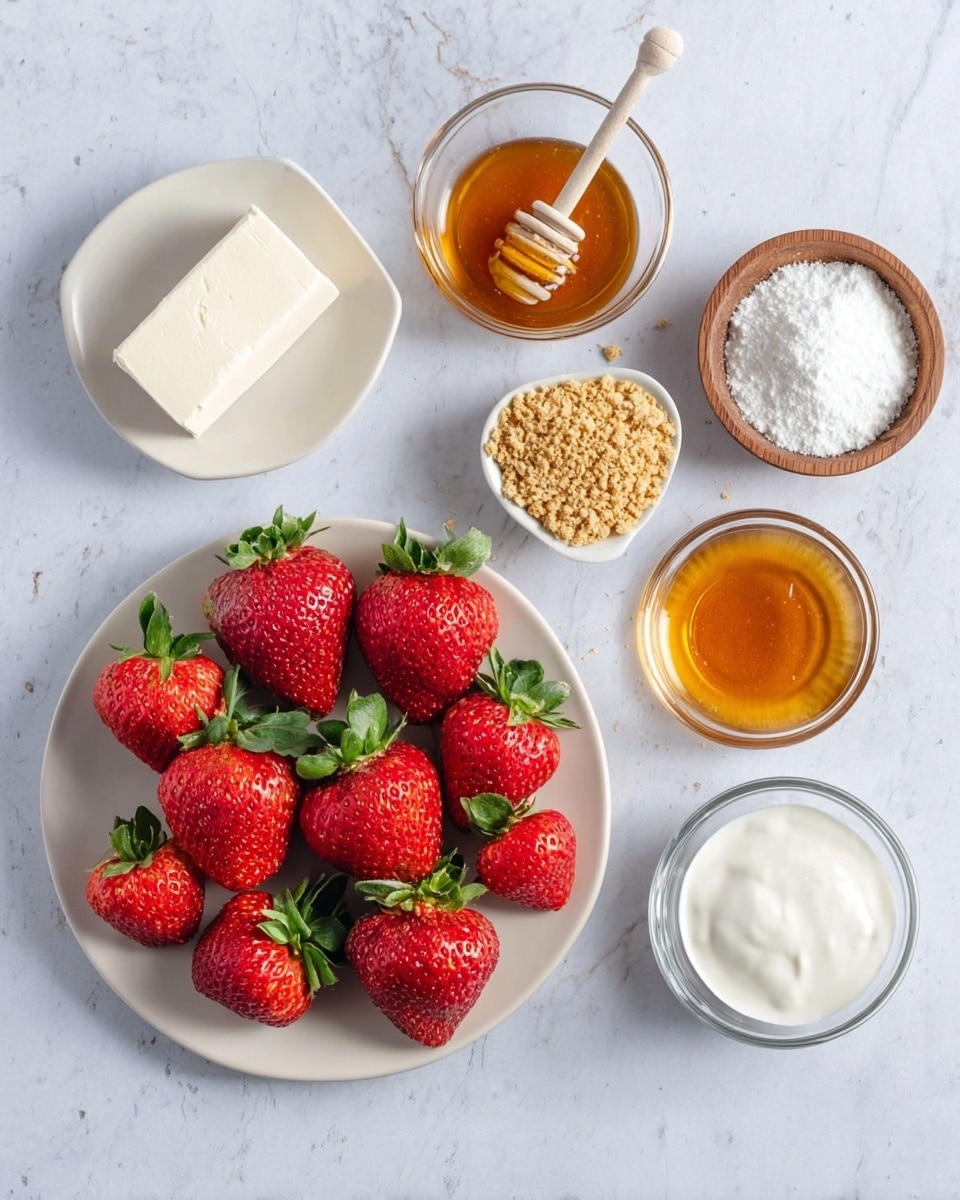 The image shows six small white bowls and a white plate arranged on a white marbled surface. The plate holds fresh, whole strawberries with green leaves on top, all bright red and placed closely together. Surrounding the plate are five small bowls: one with a solid white block of cream cheese, one with golden honey, one with light brown crushed graham crackers, one with white powdered sugar in a wooden bowl, and one with white cream in a small glass bowl. The arrangement is neat and evenly spaced. Photo taken with an iphone --ar 4:5 --v 7