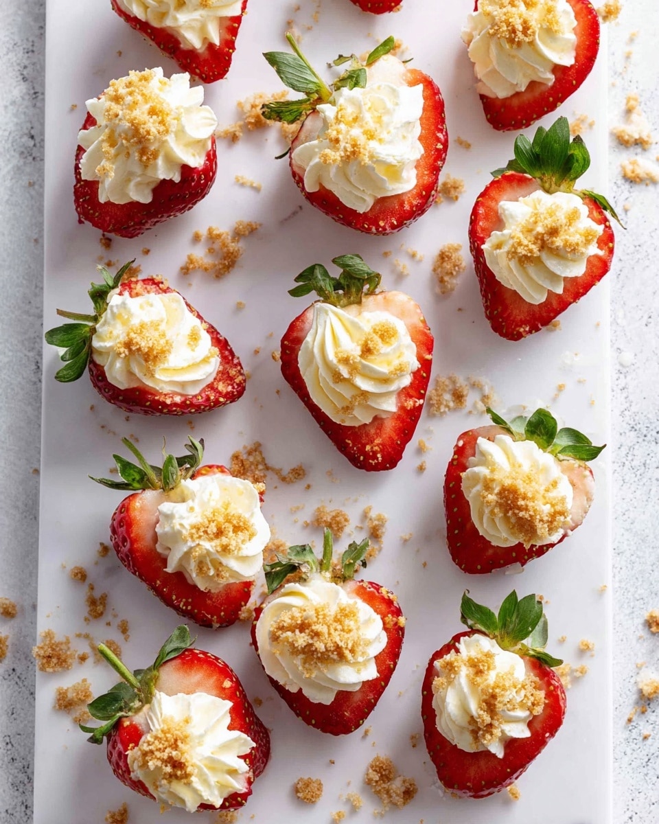 The image shows a white flat serving board placed on a white marbled surface, with multiple halved strawberries arranged loosely across it. Each strawberry half is filled with a swirl of creamy white topping resembling whipped cream or frosting, sprinkled with small golden brown crumbs on top. The bright red strawberries have green leaves still attached to some of the halves, adding a fresh touch. Crumbs are scattered randomly around the board, adding texture and contrast. The overall look is clean, fresh, and inviting. photo taken with an iphone --ar 4:5 --v 7