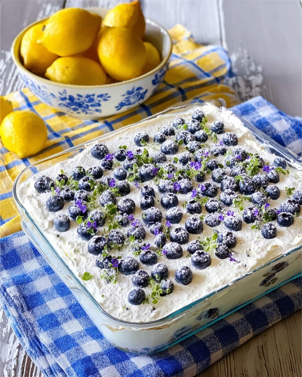 A three-layer dessert in a clear glass rectangular dish sits on a folded blue and white checkered cloth on a wooden table with a white marbled texture. The bottom layer is not visible, covered by a thick, smooth white cream layer that makes up the middle and top layers. The top layer is decorated with many small, round blueberries lightly dusted with powdered sugar scattered evenly. Small green sprigs with tiny purple flowers are placed in the corners on the creamy surface. Behind the dish, a white bowl with blue patterns holds bright yellow lemons, placed on a yellow and white checkered cloth. photo taken with an iphone --ar 4:5 --v 7
