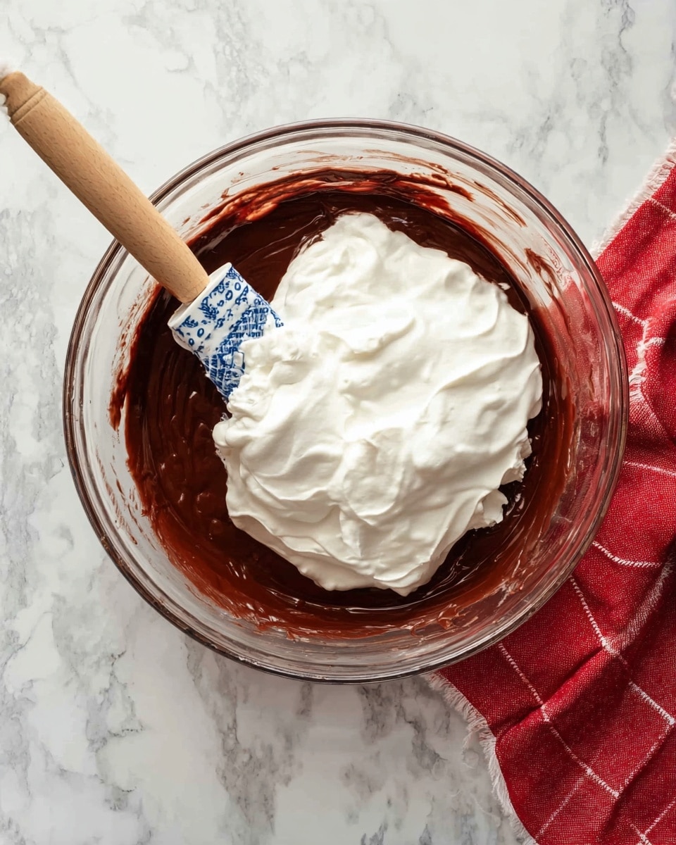 A clear glass bowl sits on a white marbled surface with a red cloth nearby. Inside the bowl is a thick, dark brown chocolate mixture forming the bottom layer. On top of this is a large dollop of fluffy white whipped cream that is partially mixed around the edges with the chocolate. A spatula with a wooden handle and a blue and white patterned silicone end is resting in the bowl, partly covered by the whipped cream photo taken with an iphone --ar 4:5 --v 7