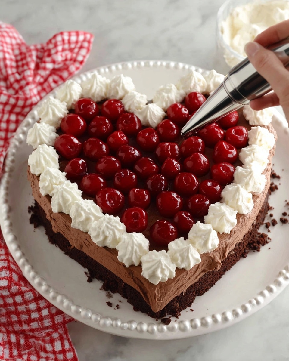The image shows a heart-shaped chocolate cake with two visible layers: a dark chocolate sponge base and a thick layer of light brown chocolate frosting around the sides. The top of the cake is covered with shiny, red cherries, arranged closely together to fill the heart shape. Around the edge of the cake, eight dollops of white whipped cream are evenly spaced. A woman's hand is seen piping another dollop of whipped cream onto the cake using a pastry bag with a metal tip. The cake sits on a white plate with a beaded edge, placed on a white marbled surface, with a red checkered cloth nearby. Photo taken with an iphone --ar 4:5 --v 7