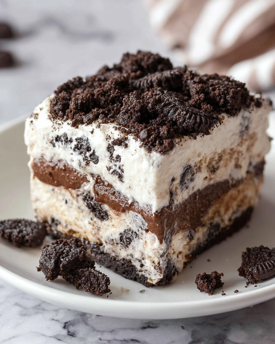 The image shows a square slice of a layered dessert on a white plate, placed on a white marbled surface. The dessert has three layers: the bottom layer is a light creamy mixture with dark cookie bits scattered inside, the middle layer is a smooth, dark chocolate spread, and the top layer is thick, white cream sprinkled generously with large crumbles of dark chocolate cookies. Extra cookie pieces are scattered around the base on the plate. The texture looks soft and creamy with crumbly cookie topping. Photo taken with an iphone --ar 4:5 --v 7