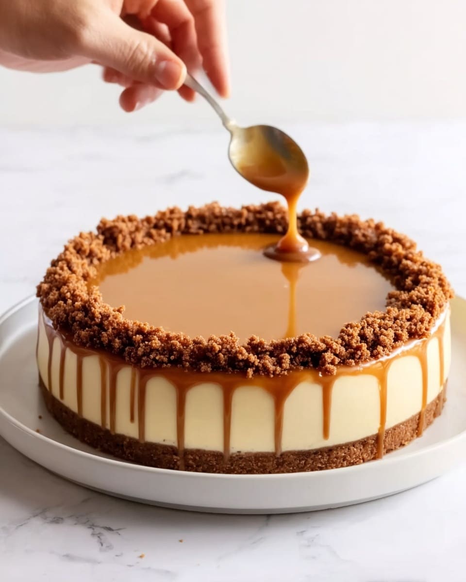 A smooth, shiny light brown creamy layer covers the top of a round cake with a darker brown crumbly crust base. The cake has a thick layer of caramel-colored glaze dripping gently down the sides. A ring of rough, crumbly brown pieces is being placed on the edge of the top by a woman's hand holding a spoon. The cake sits on a simple white plate on a white marbled surface. Photo taken with an iphone --ar 4:5 --v 7