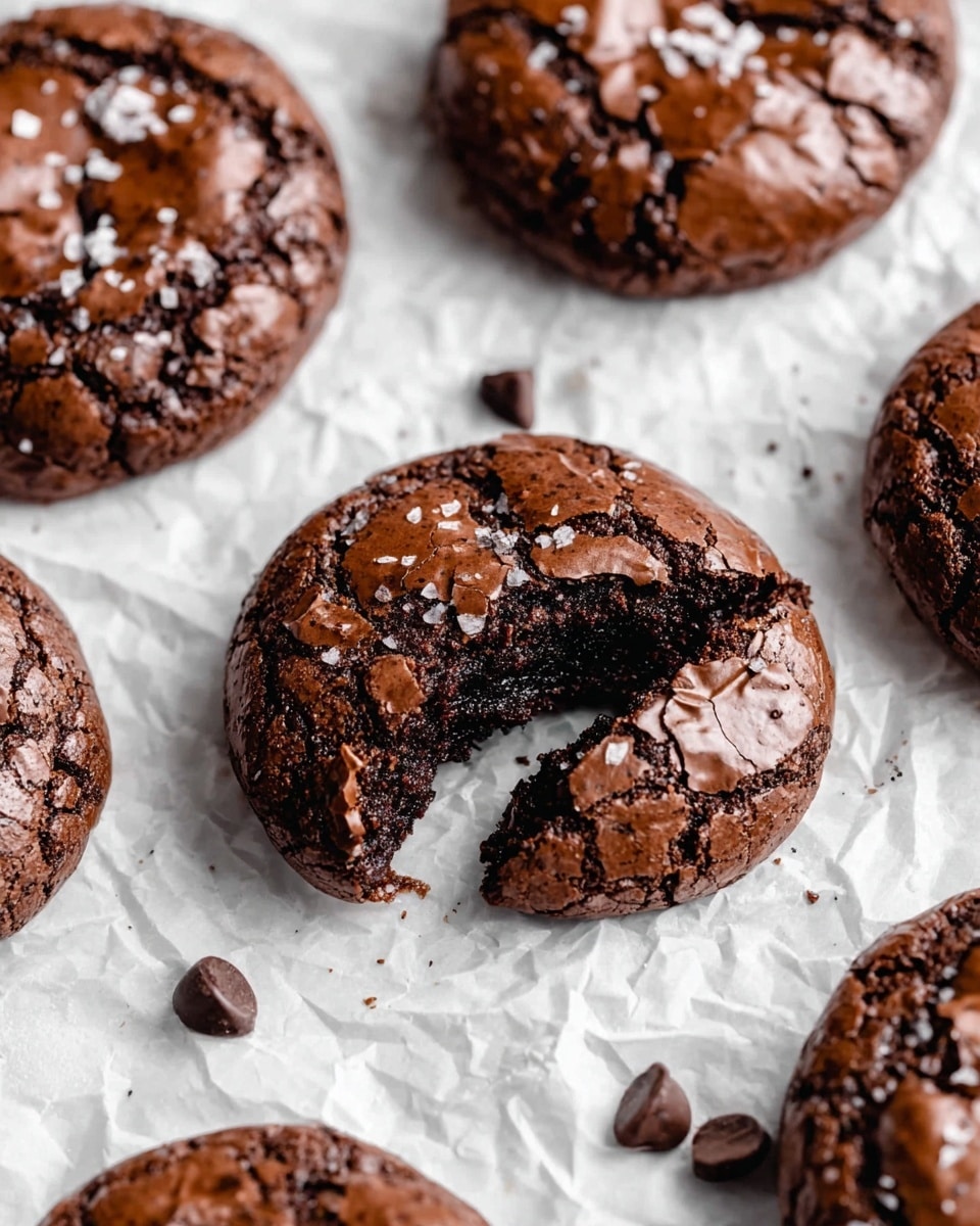 The image shows multiple round chocolate brownie cookies with a cracked shiny top layer revealing a dense, dark chocolate inside. Each cookie is rich brown with a slightly rough texture on the outside and moist, fudgy center visible in one cookie that is broken open. There are small white flakes of salt sprinkled on top adding contrast, and a few chocolate chips scattered around on white crumpled parchment paper. The scene is set on a white marbled surface. photo taken with an iphone --ar 4:5 --v 7