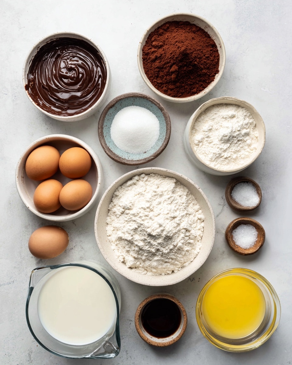 Top view of various baking ingredients arranged on a white marbled surface. Starting from top left, there is a small white bowl with melted semi-sweet chocolate, dark and shiny, smooth texture. To the right is a white bowl filled with dark reddish brown Dutch process cocoa powder with a fine, powdery texture. Below the cocoa powder, a white bowl holds white granulated sugar with a grainy texture. Centered below the chocolate is a larger white bowl full of white all-purpose flour with a soft powdery texture. To the left of the flour, two brown eggs sit in a small white bowl. Next to the eggs is a small rustic brown dish holding white baking soda and salt side by side in small piles. Below these, a clear glass measuring cup holds white whole milk, smooth and fluid. At the bottom right is another clear glass measuring cup with bright yellow melted unsalted butter, smooth texture. To the right of the baking soda and salt dish, there is a tiny white bowl with dark brown vanilla extract, shiny liquid. The items are spaced evenly and clearly labeled with black text on white rectangles, the lighting bright and natural. photo taken with an iphone --ar 4:5 --v 7