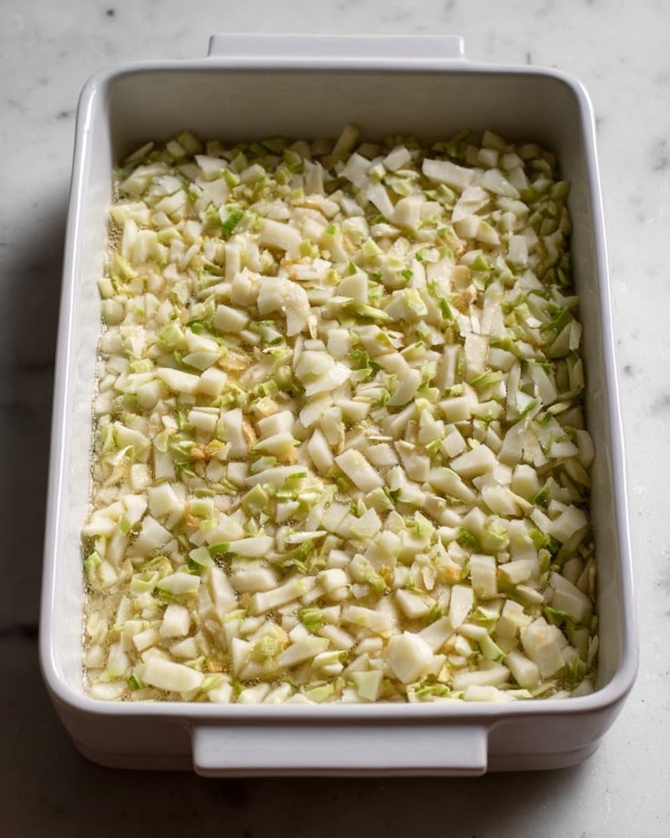 A white rectangular baking dish filled evenly with one thick layer of small, pale yellow and green chopped pieces that have a slightly soft texture, spread out to cover the entire surface. The background is a white marbled texture. Photo taken with an iphone --ar 4:5 --v 7