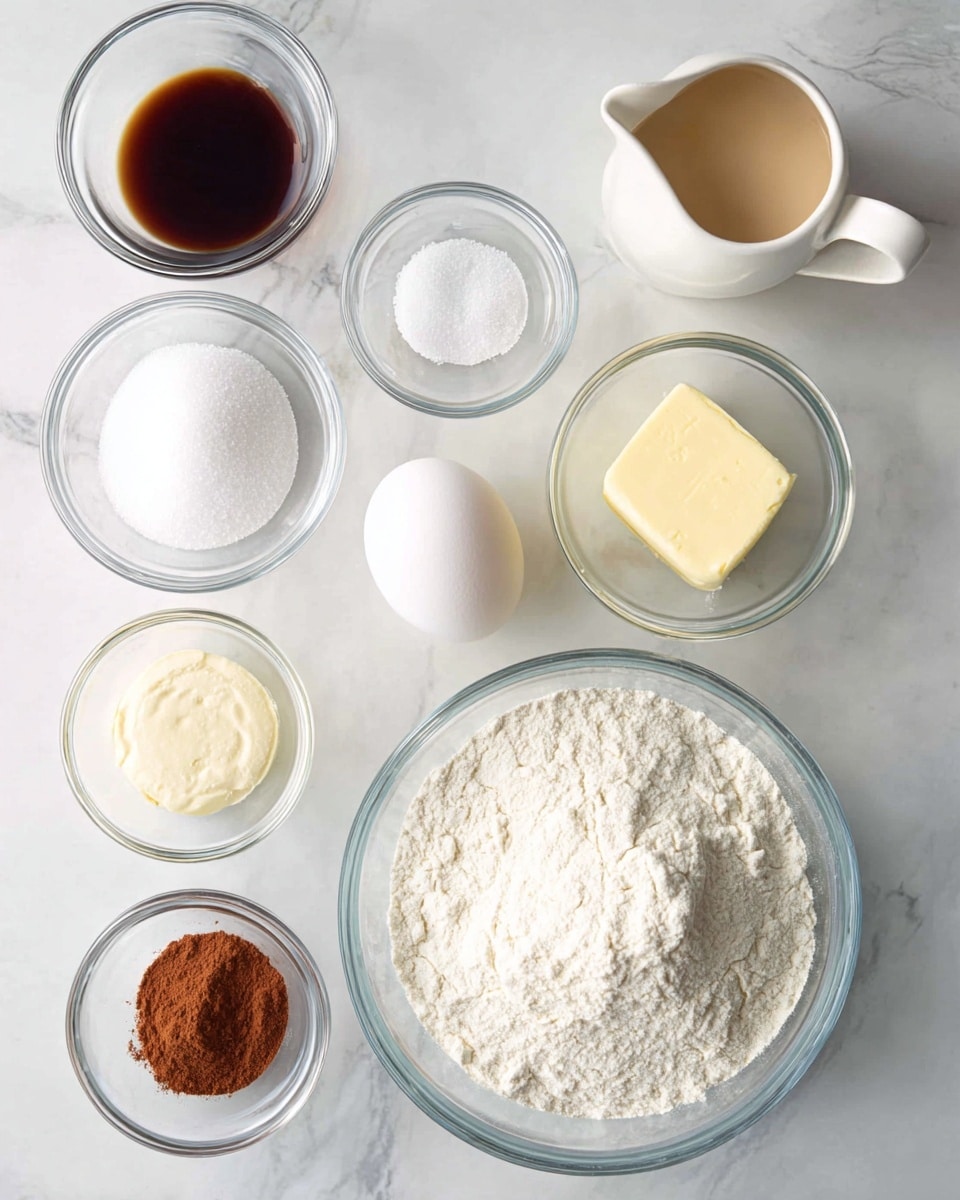 The image shows a clear glass bowl filled with white flour in the center bottom. Above it, there are six small clear glass bowls arranged in a loose circle on a white marbled surface. The top left bowl contains a dark brown liquid, the middle left bowl holds white sugar crystals, the top middle bowl has one whole white egg, the bottom middle bowl contains a small block of yellow butter, the bottom right bowl has a small amount of white salt, and the bottom left bowl holds brown cinnamon powder. To the top right, there is a small white ceramic pitcher with a handle, filled with a light beige creamy liquid. photo taken with an iphone --ar 4:5 --v 7