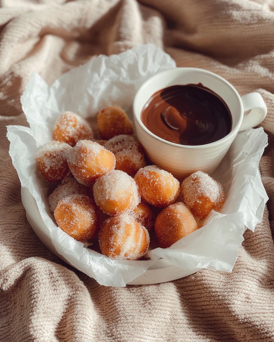 A white bowl lined with crinkled white parchment paper is filled with small, golden-brown fried dough balls covered in granulated sugar. Next to the dough balls, inside the bowl, is a small white cup filled with smooth, dark chocolate sauce. The bowl rests on a soft beige textured blanket, creating a cozy setting. photo taken with an iphone --ar 4:5 --v 7