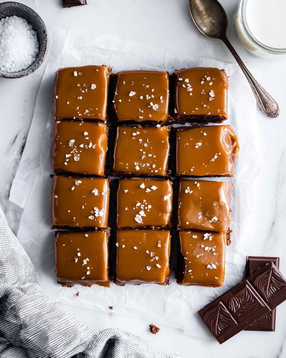 A square pan of 16 caramel-topped brownies arranged in a 4 by 4 grid, each piece showing a thick, smooth caramel layer with small salt flakes on top, sitting on white parchment paper on a white marbled surface. The brownie base beneath the caramel is dark brown and moist, visible along the edges where the caramel layer is slightly rounded on each piece. To the right, a silver spoon with more salt, two pieces of dark chocolate with a leaf pattern, and a glass of milk complete the scene. Photo taken with an iphone --ar 4:5 --v 7