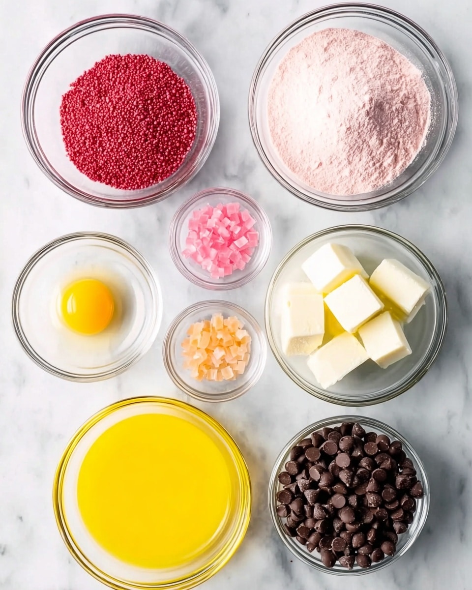 Seven clear glass bowls are placed on a white marbled surface. The largest bowl holds light pink powder, placed at the top right. To its left is a bowl full of bright red granules. Below the red granules is a tiny bowl with small clear pink pieces. In the center is a medium bowl filled with bright yellow liquid. At the bottom left is a small bowl with a raw egg showing its yellow yolk and clear white. Next to it is a bowl with three thick white cubes, likely butter. To the right of the butter is another medium bowl packed with shiny dark chocolate chips. photo taken with an iphone --ar 4:5 --v 7
