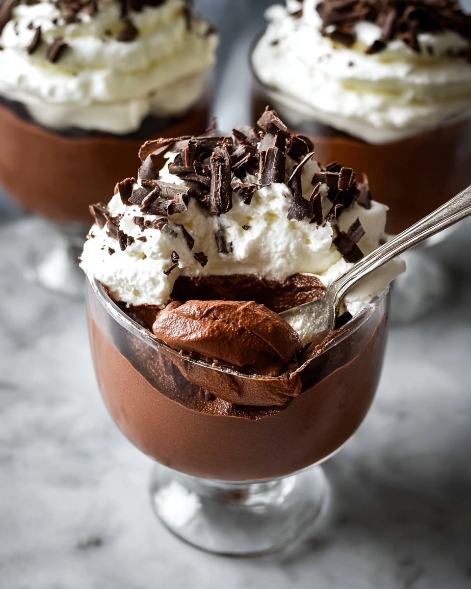The image shows a glass dessert cup with three layers: the bottom layer is smooth, dark chocolate mousse, the middle layer is fluffy white whipped cream, and the top layer is dark chocolate curls scattered over the whipped cream. A spoon with a small scoop of the chocolate mousse is held inside the cup, lifting some mousse just below the whipped cream. In the background, two more dessert cups with the same three layers are visible, all placed on a white marbled surface. The photo taken with an iphone --ar 4:5 --v 7