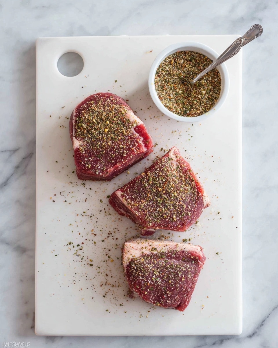 Three raw meat pieces lie on a large white cutting board with light seasoning sprinkled evenly over them, showing green and brown specks. Above the three meat pieces, there is a small white bowl filled with the same seasoning mix, with a silver spoon resting inside. The cutting board and bowl are placed on a white marbled surface. Photo taken with an iphone --ar 4:5 --v 7